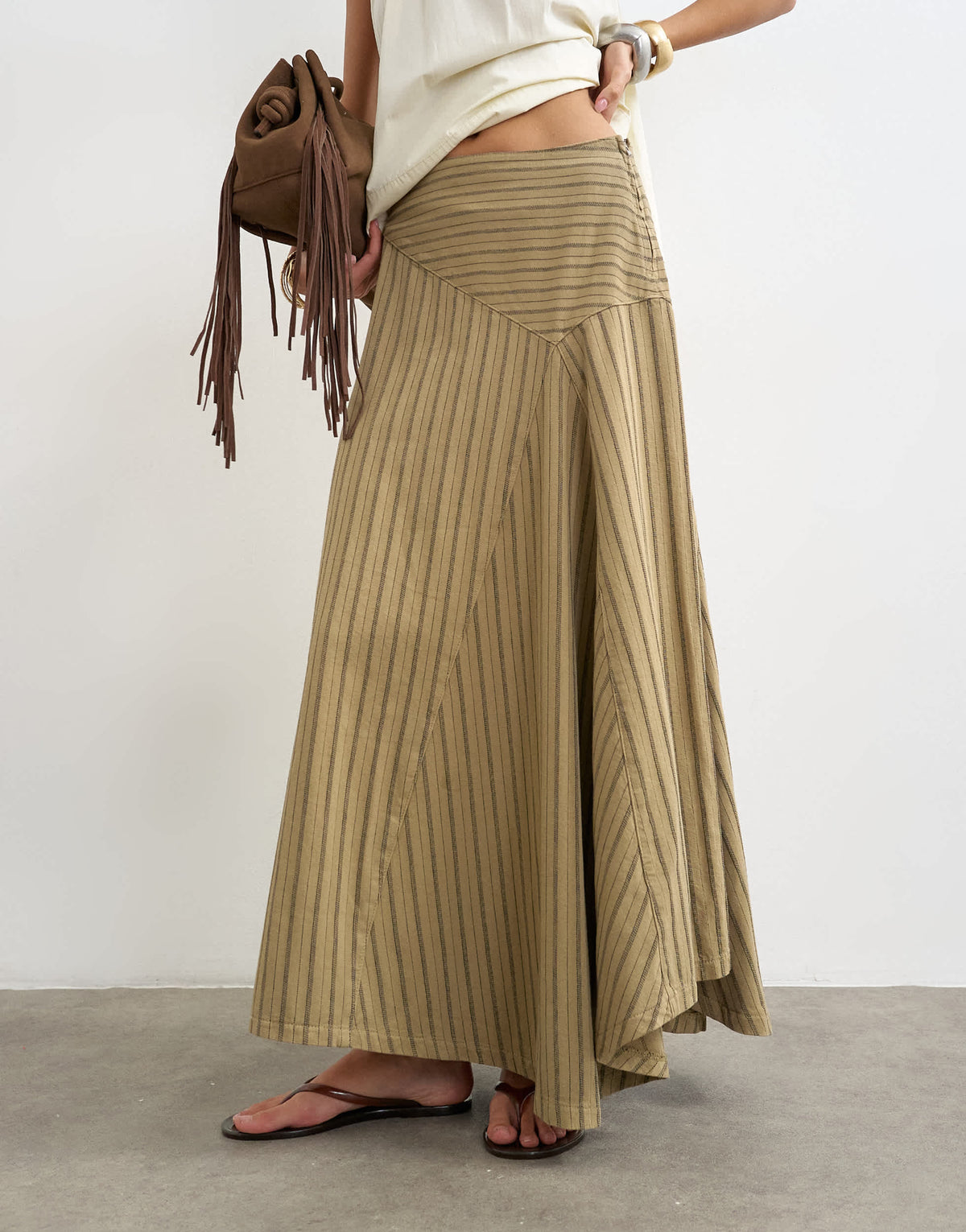 Topshop denim asymmetric drop waist maxi skirt in khaki stripe