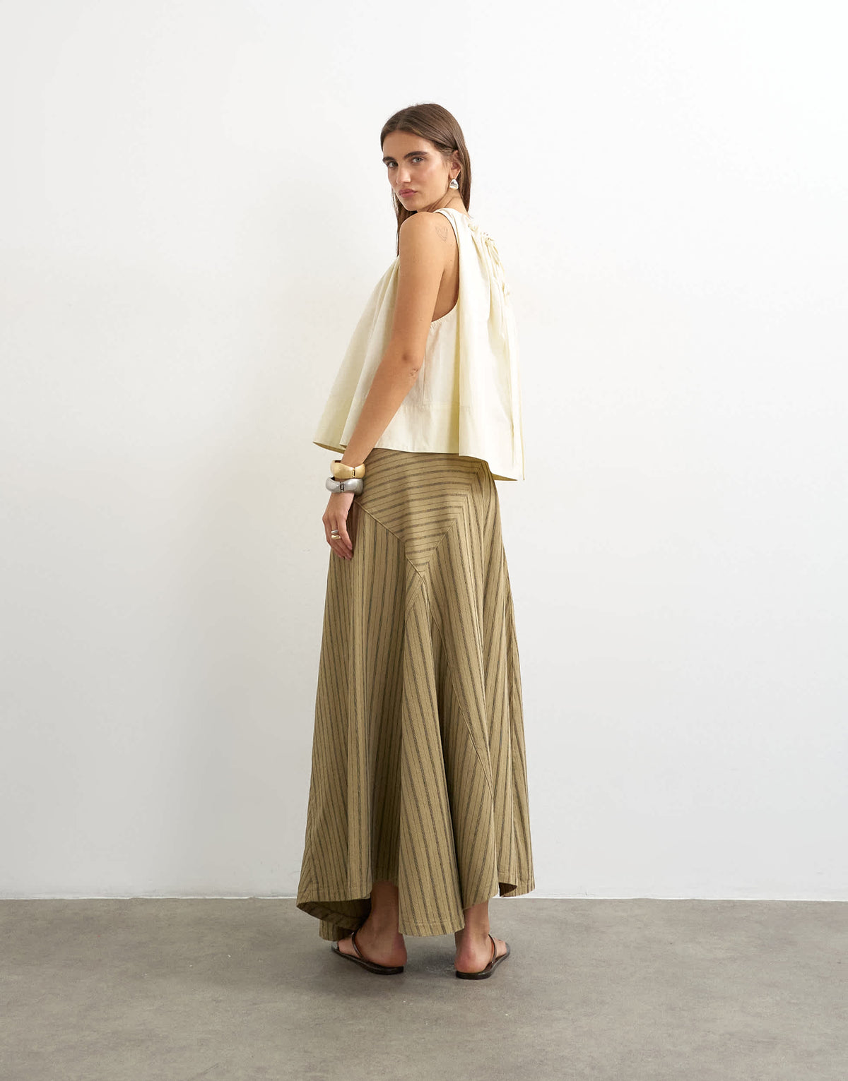 Topshop denim asymmetric drop waist maxi skirt in khaki stripe