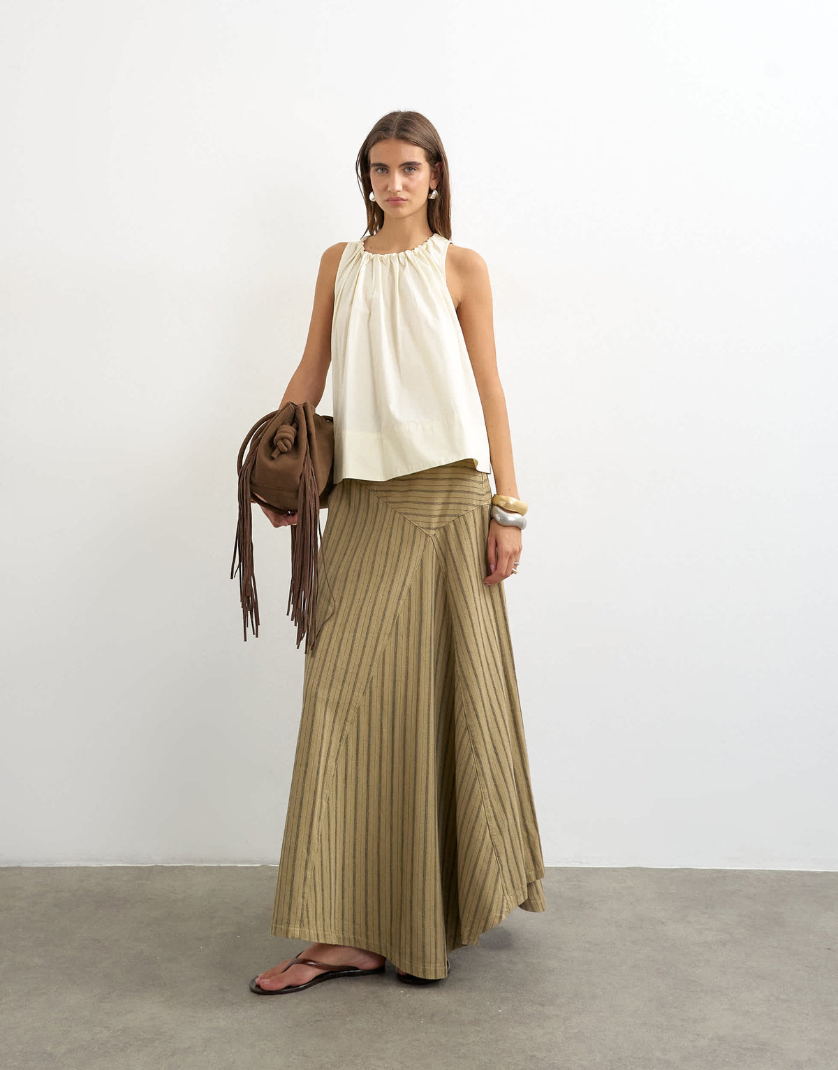 Topshop denim asymmetric drop waist maxi skirt in khaki stripe