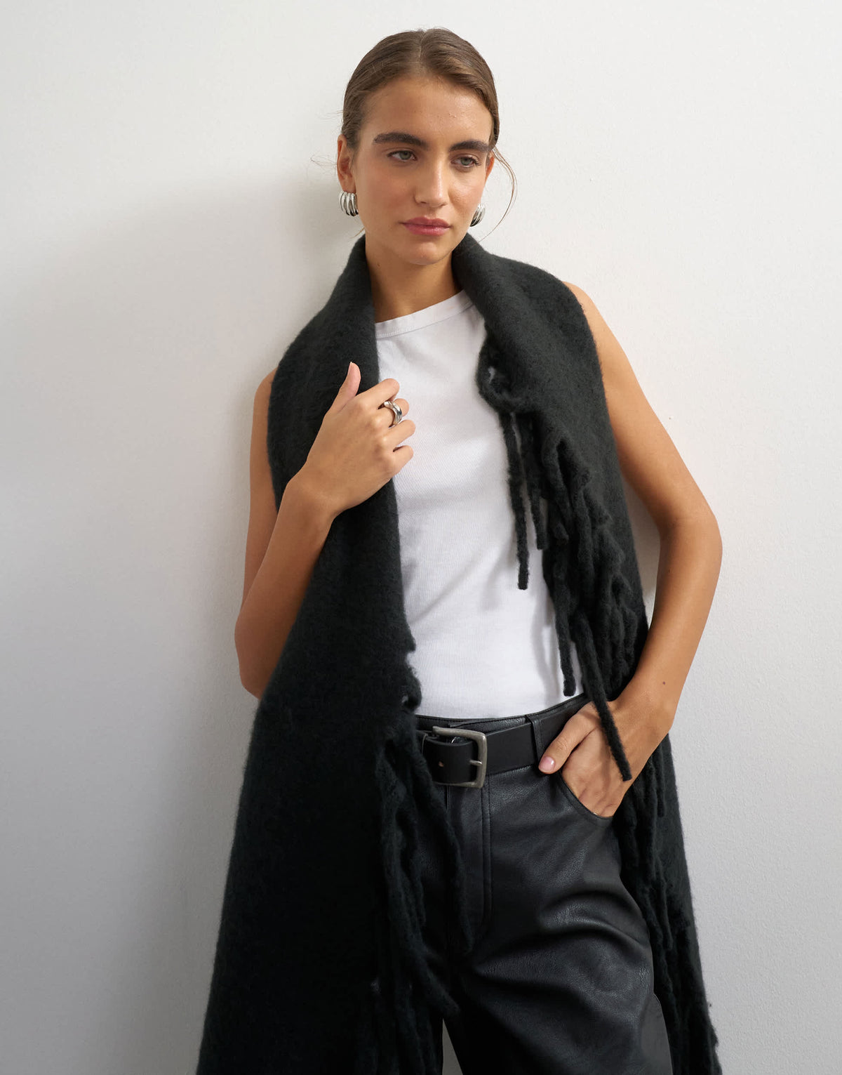 Topshop Sadie fringing scarf in black