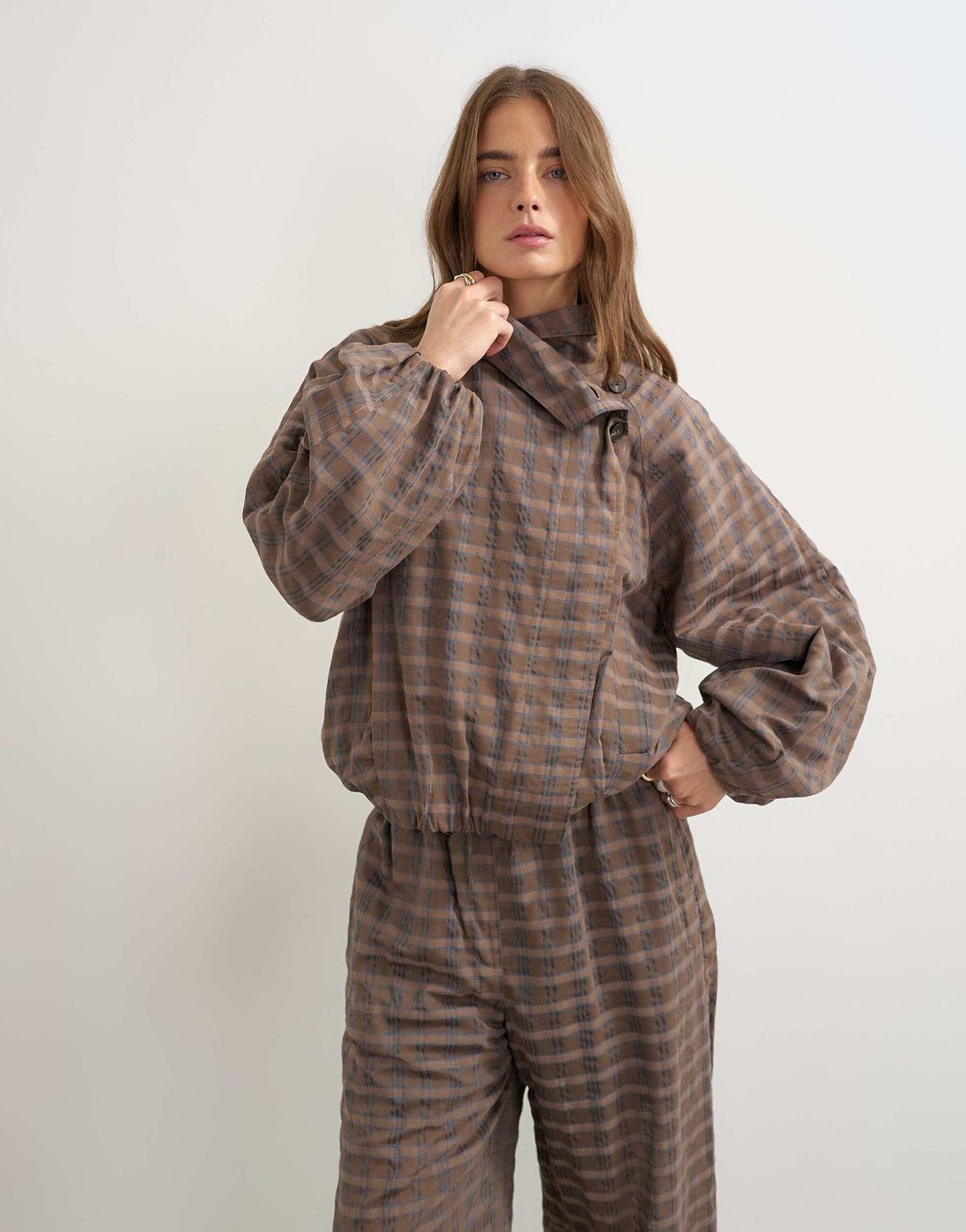 Topshop co-ord check funnel neck bomber in brown