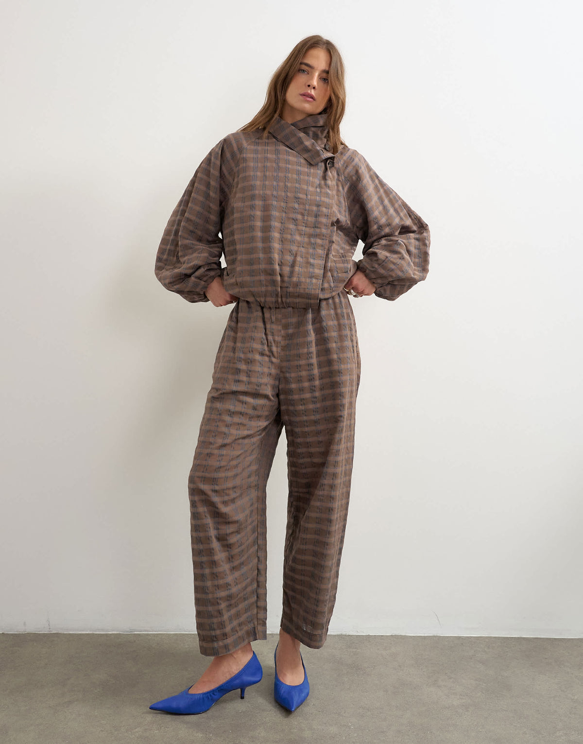 Topshop co-ord check funnel neck bomber in brown