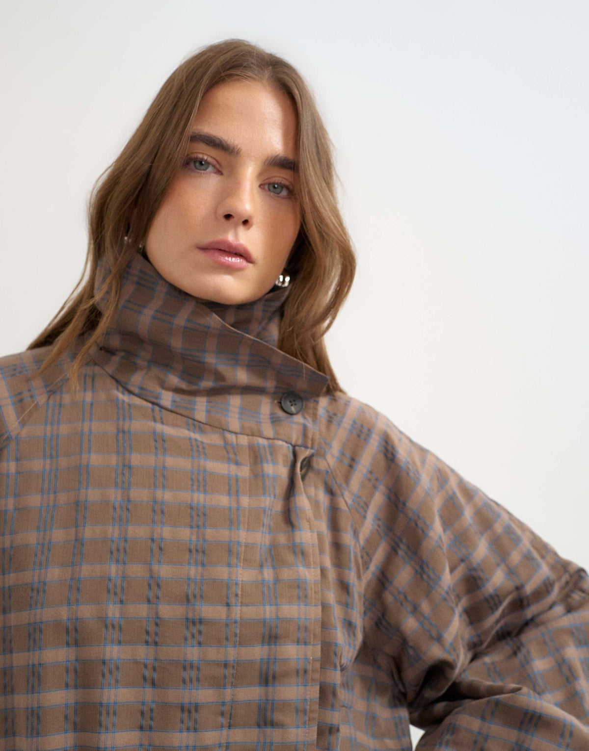 Topshop co-ord check funnel neck bomber in brown