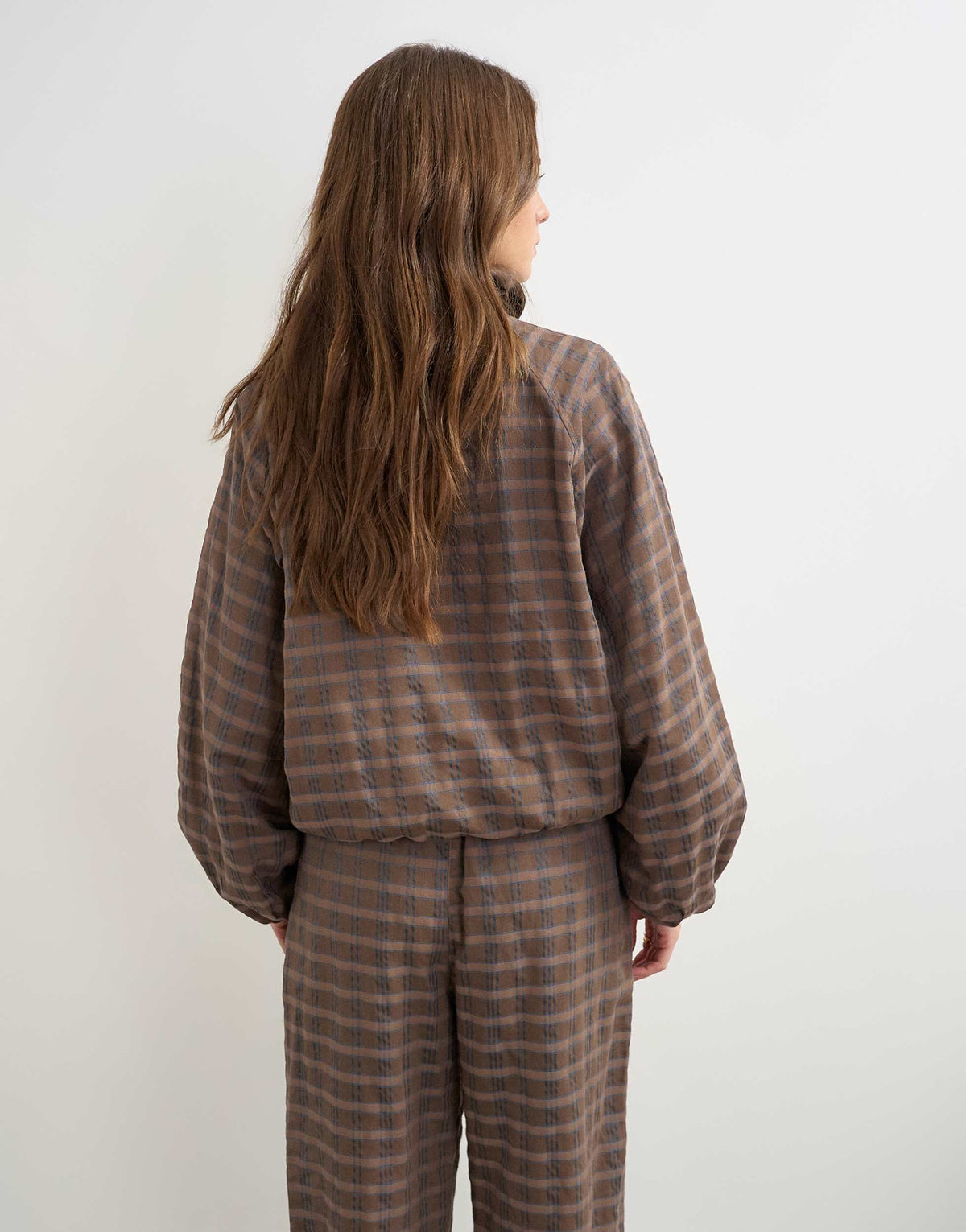 Topshop co-ord check funnel neck bomber in brown