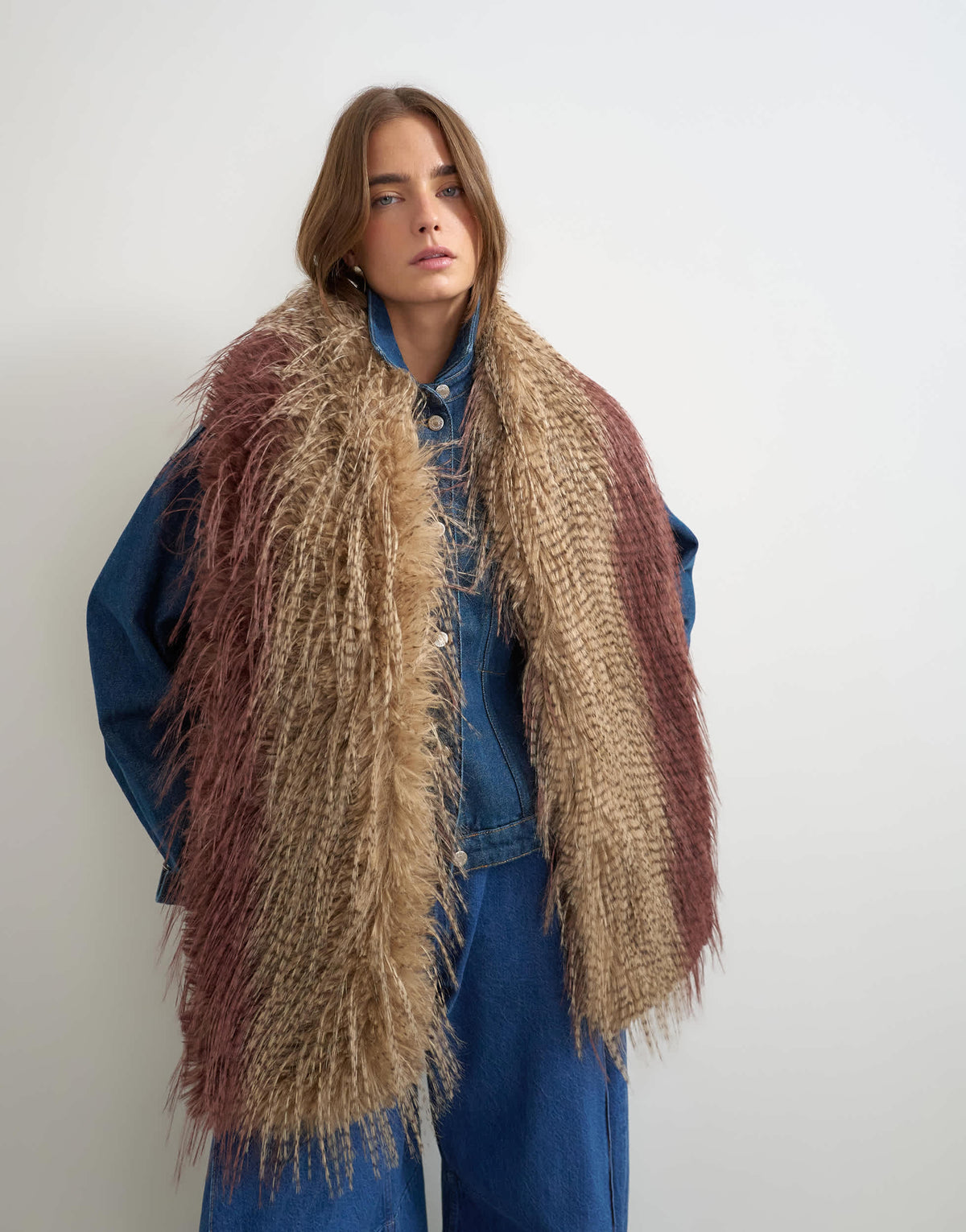 Topshop Sandy wispy faux fur scarf in brown and burgundy