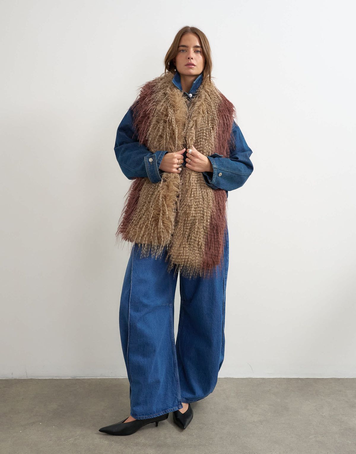 Topshop Sandy wispy faux fur scarf in brown and burgundy