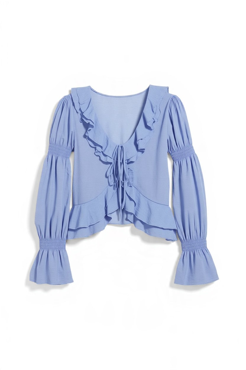 Topshop ruffle tie front long sleeve top in pale blue