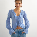 Topshop ruffle tie front long sleeve top in pale blue