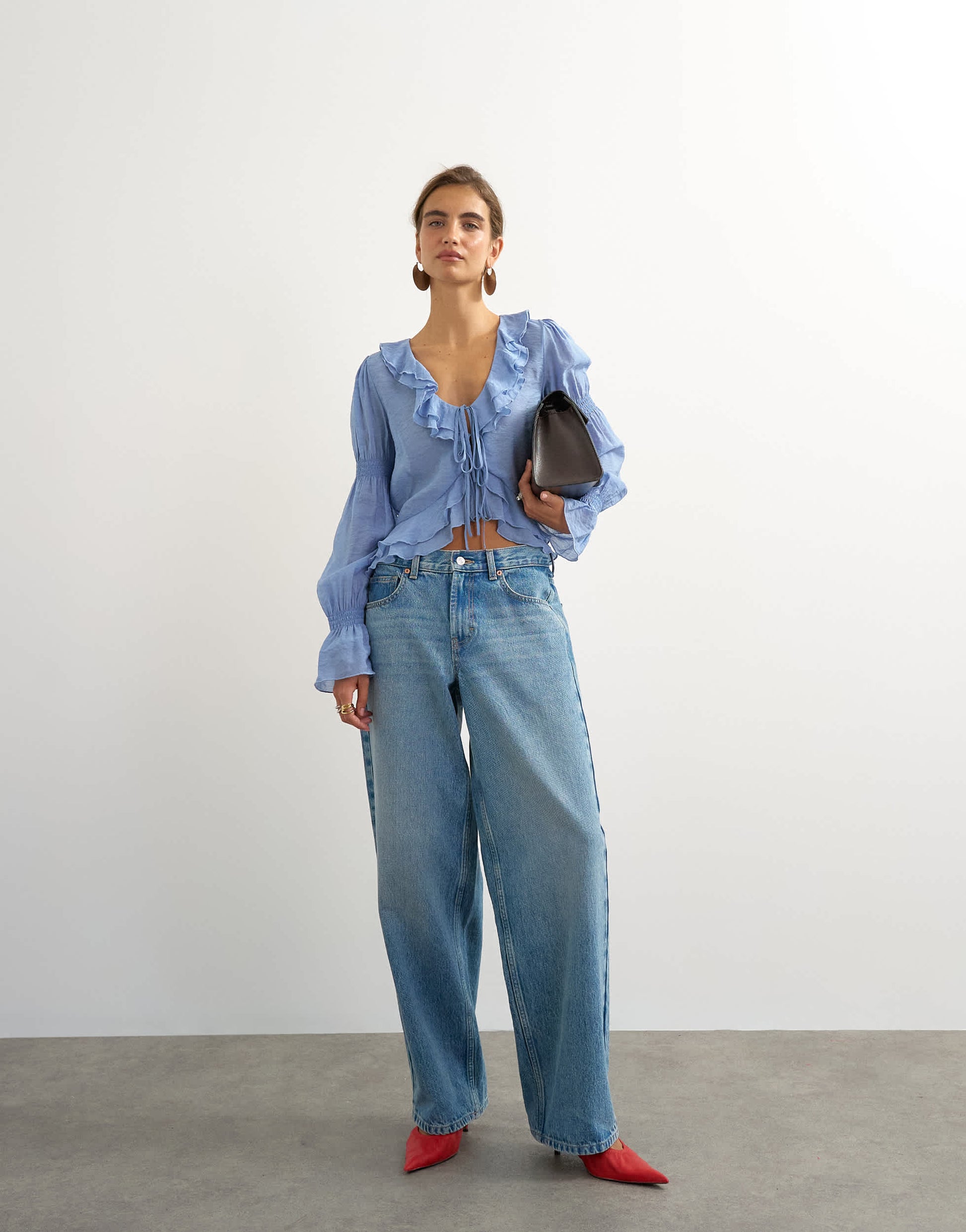 Topshop ruffle tie front long sleeve top in pale blue