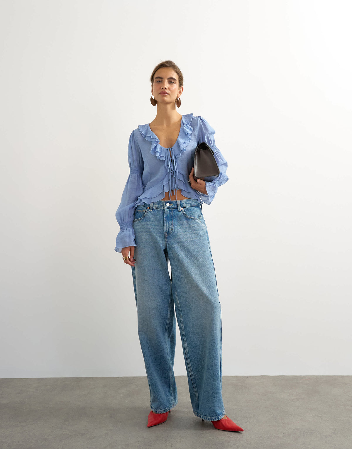 Topshop ruffle tie front long sleeve top in pale blue