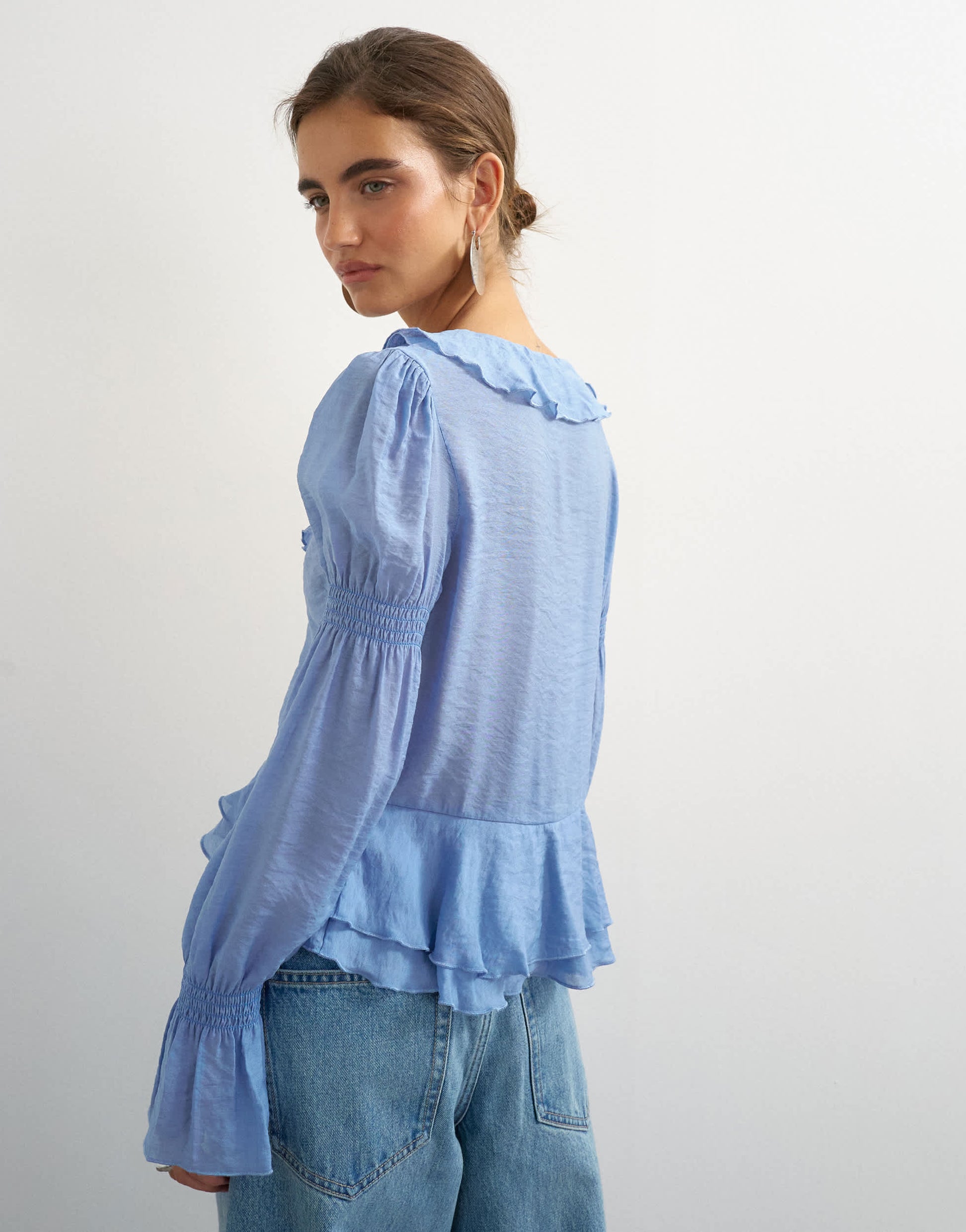 Topshop ruffle tie front long sleeve top in pale blue