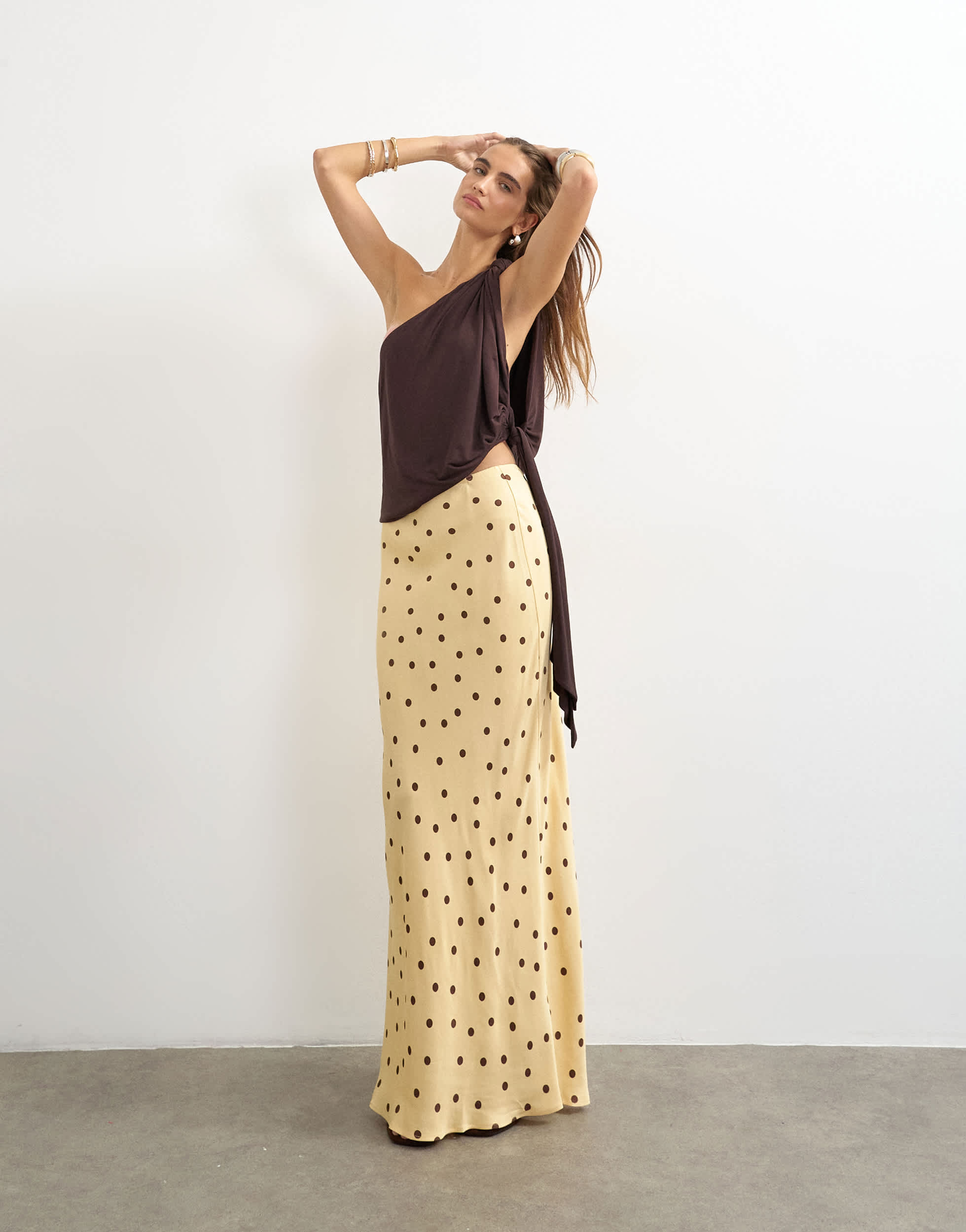Topshop polka dot flood length satin bias maxi skirt in buttermilk