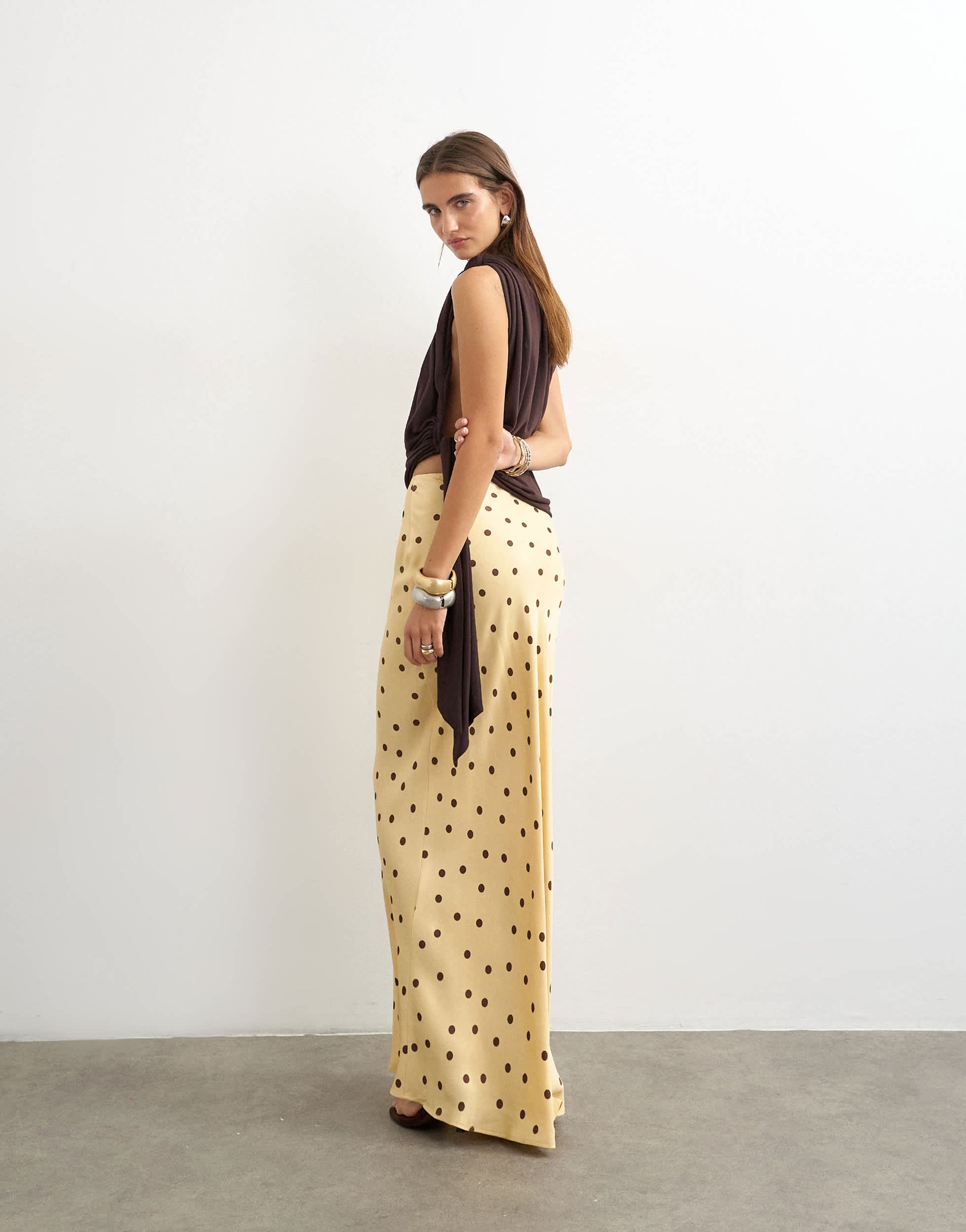 Topshop polka dot flood length satin bias maxi skirt in buttermilk