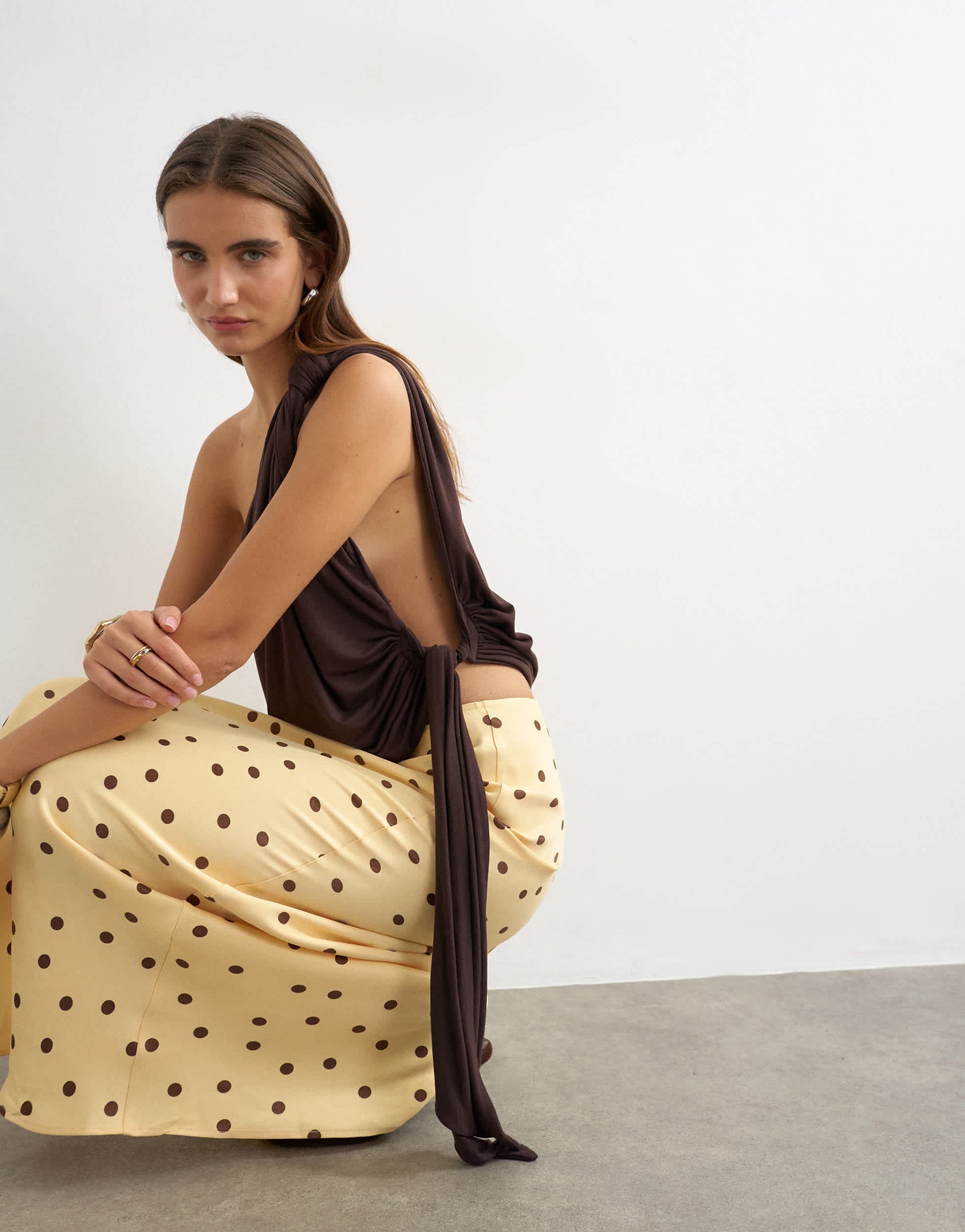 Topshop polka dot flood length satin bias maxi skirt in buttermilk