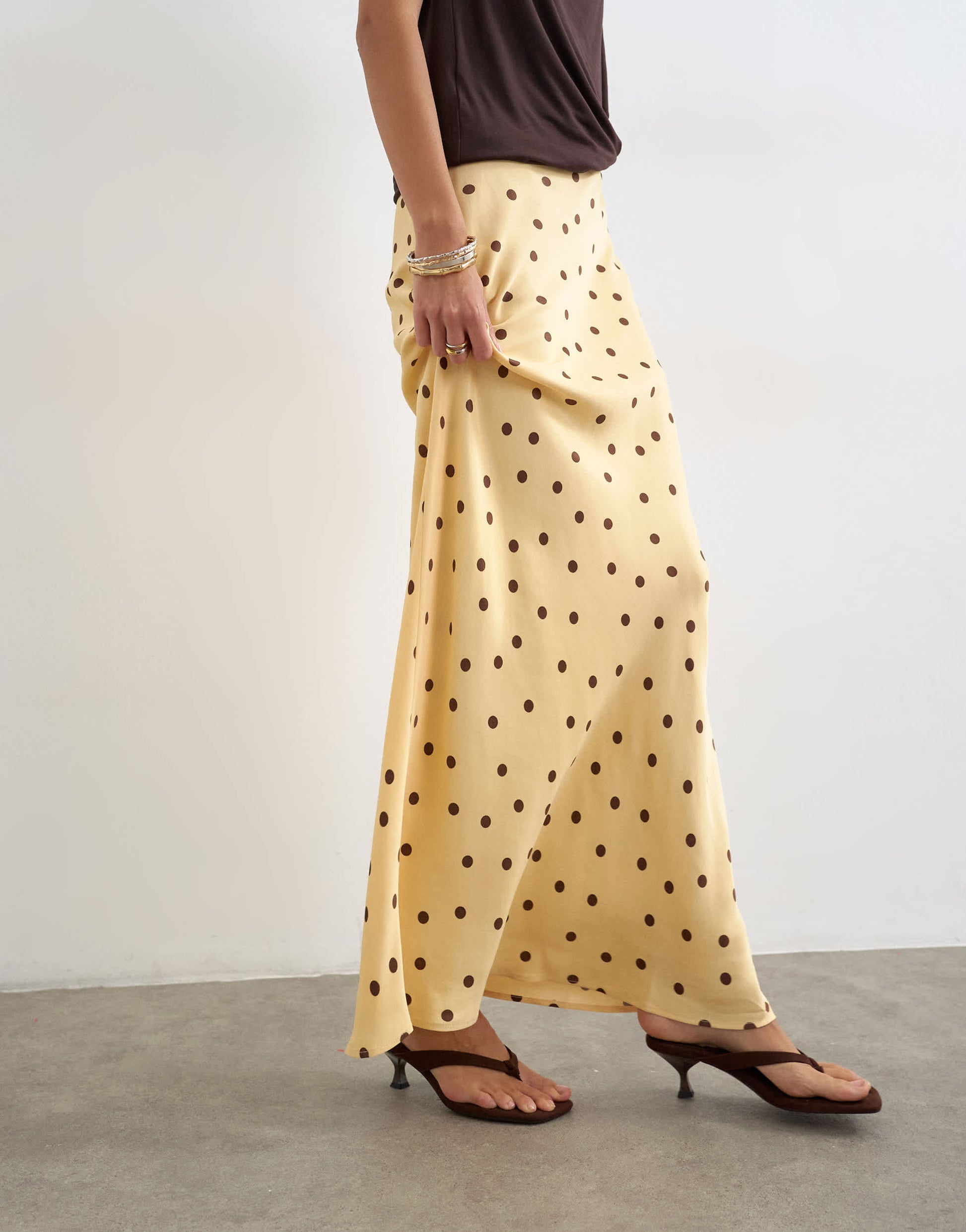 Topshop polka dot flood length satin bias maxi skirt in buttermilk