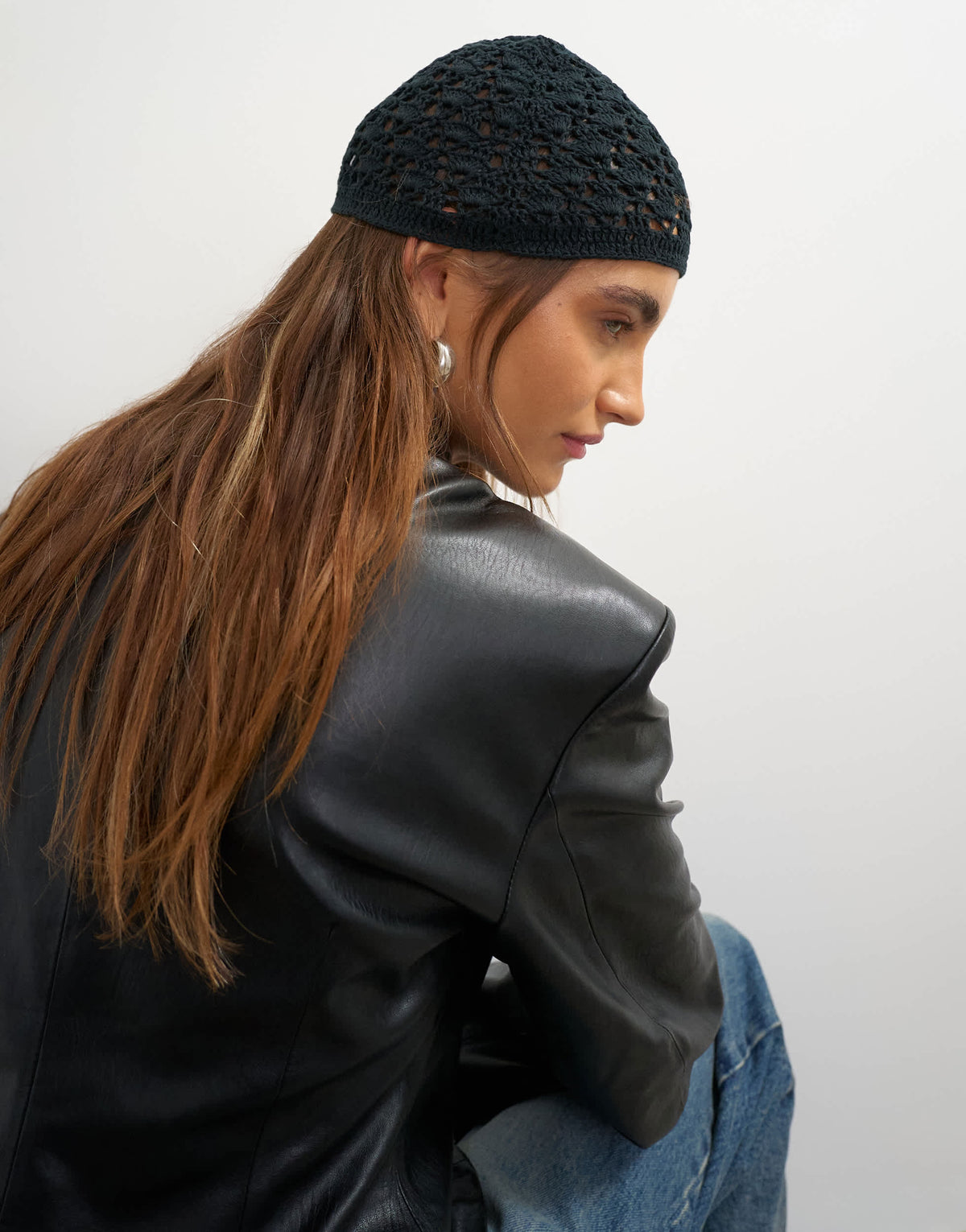 Topshop crochet beanie hat in black