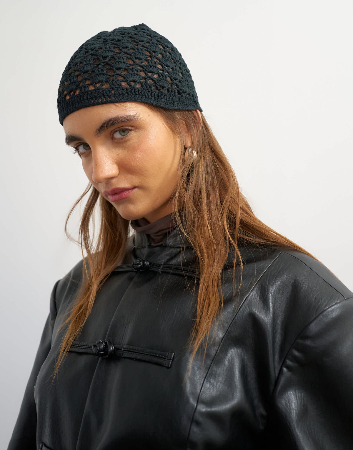 Topshop crochet beanie hat in black
