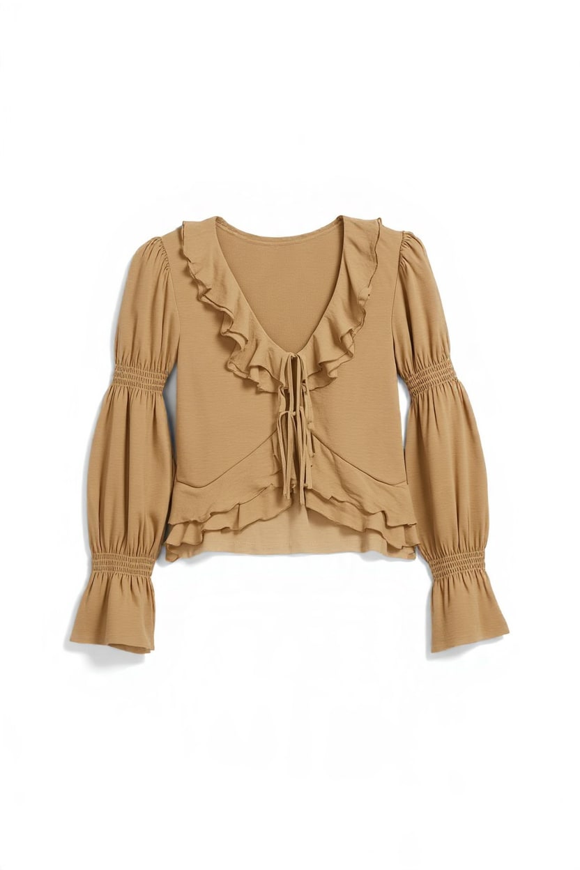 Topshop ruffle tie front long sleeve top in tan