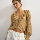 Topshop ruffle tie front long sleeve top in tan
