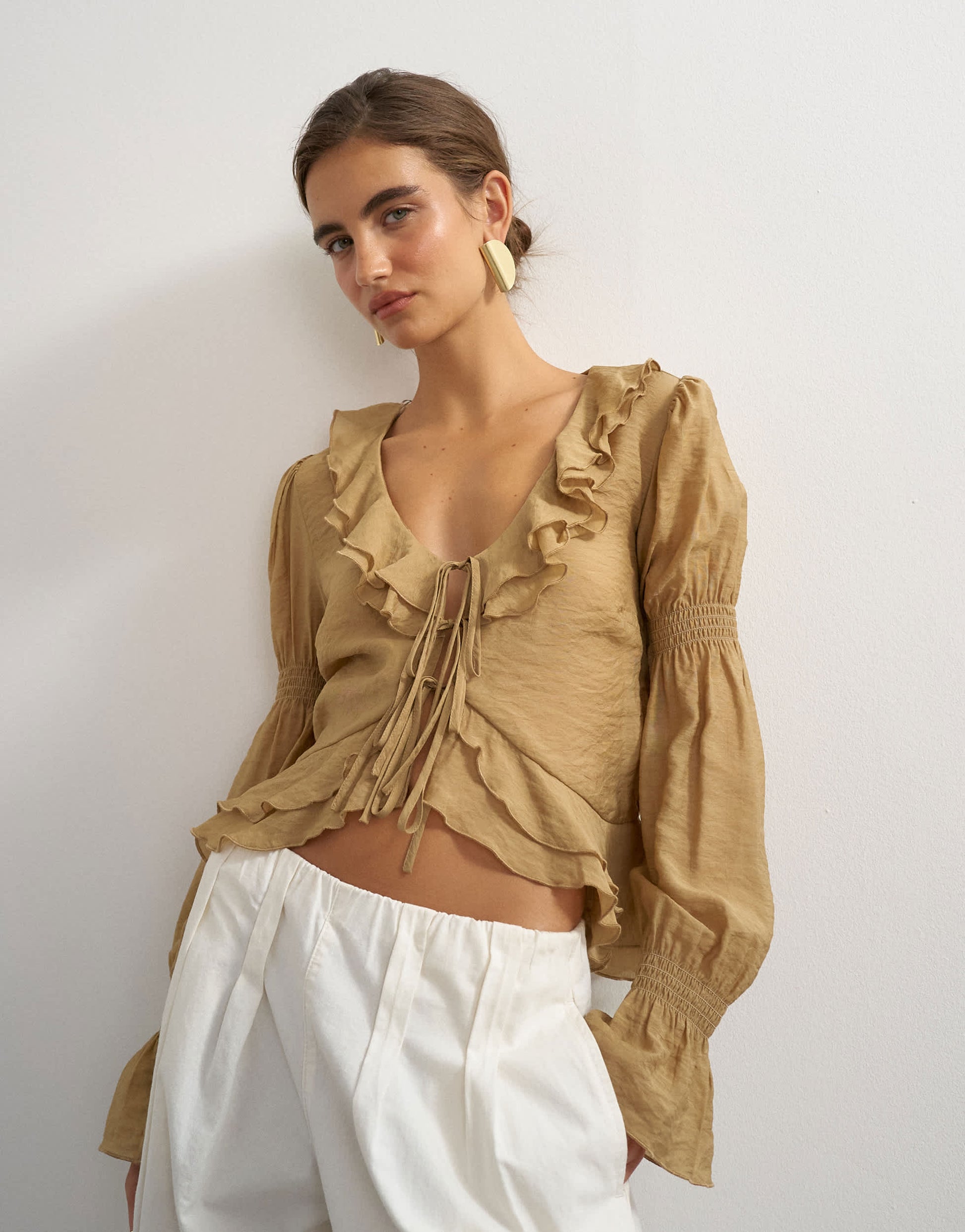 Topshop ruffle tie front long sleeve top in tan