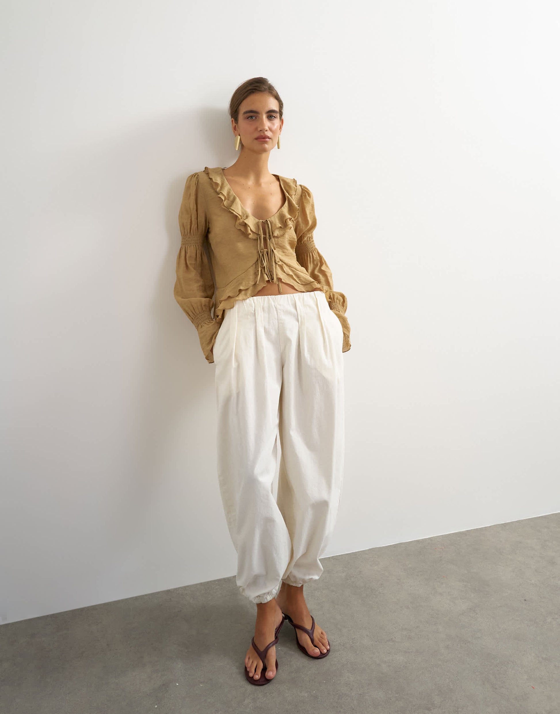 Topshop ruffle tie front long sleeve top in tan