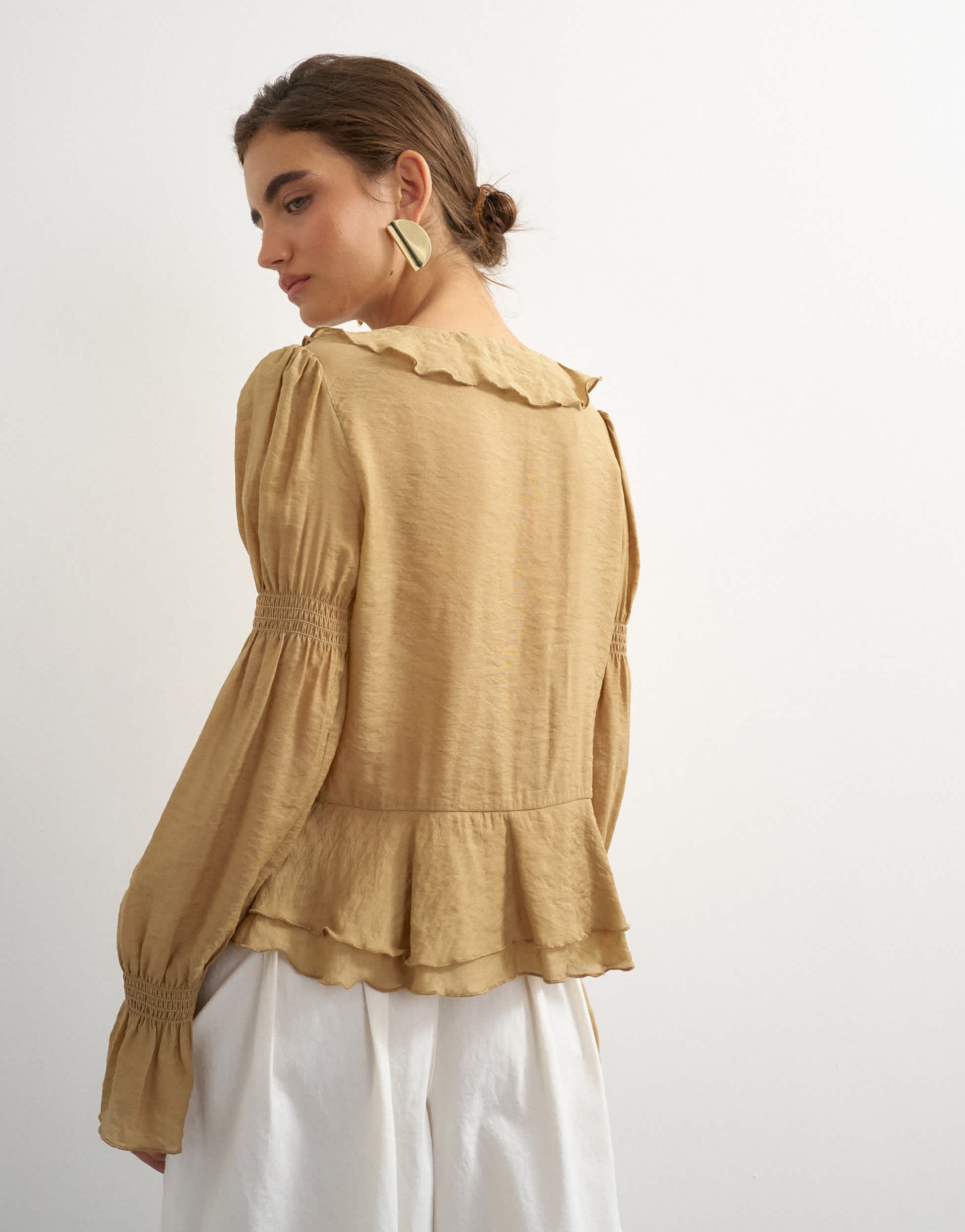 Topshop ruffle tie front long sleeve top in tan