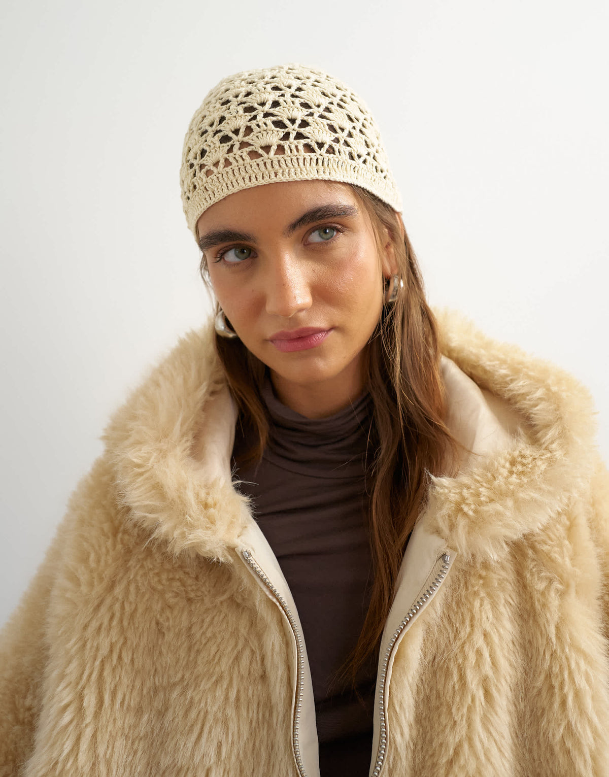 Topshop crochet beanie hat in off white