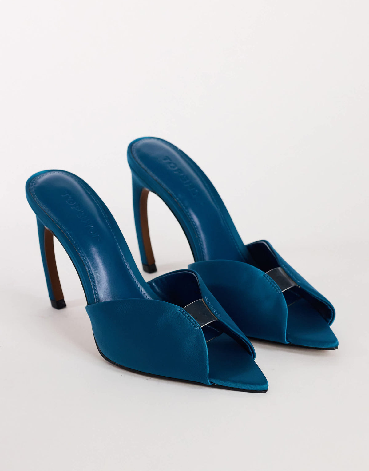 Topshop Wren peep toe high heel sandal in teal satin