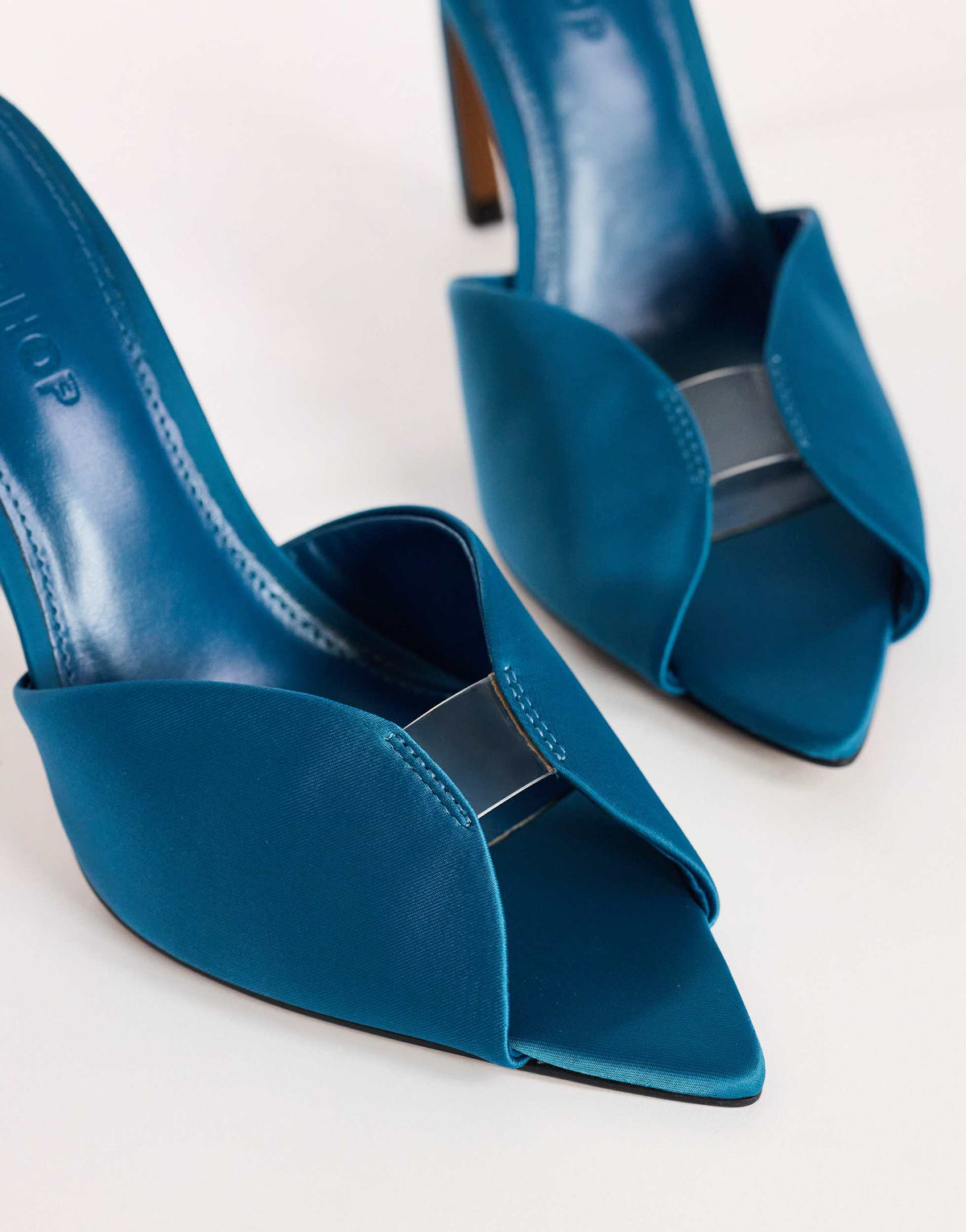Topshop Wren peep toe high heel sandal in teal satin