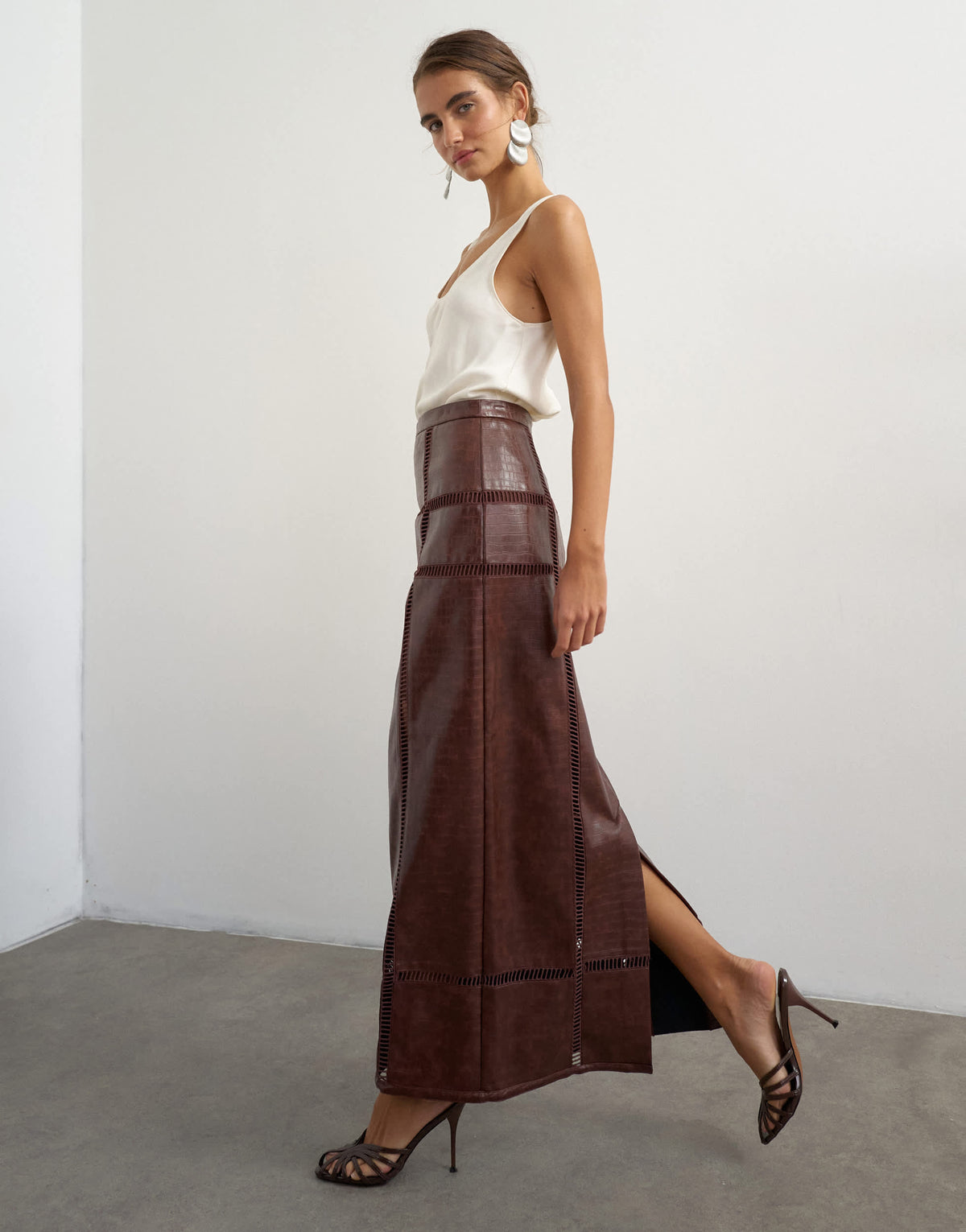 Topshop premium faux leather cutwork detail column maxi skirt in chocolate