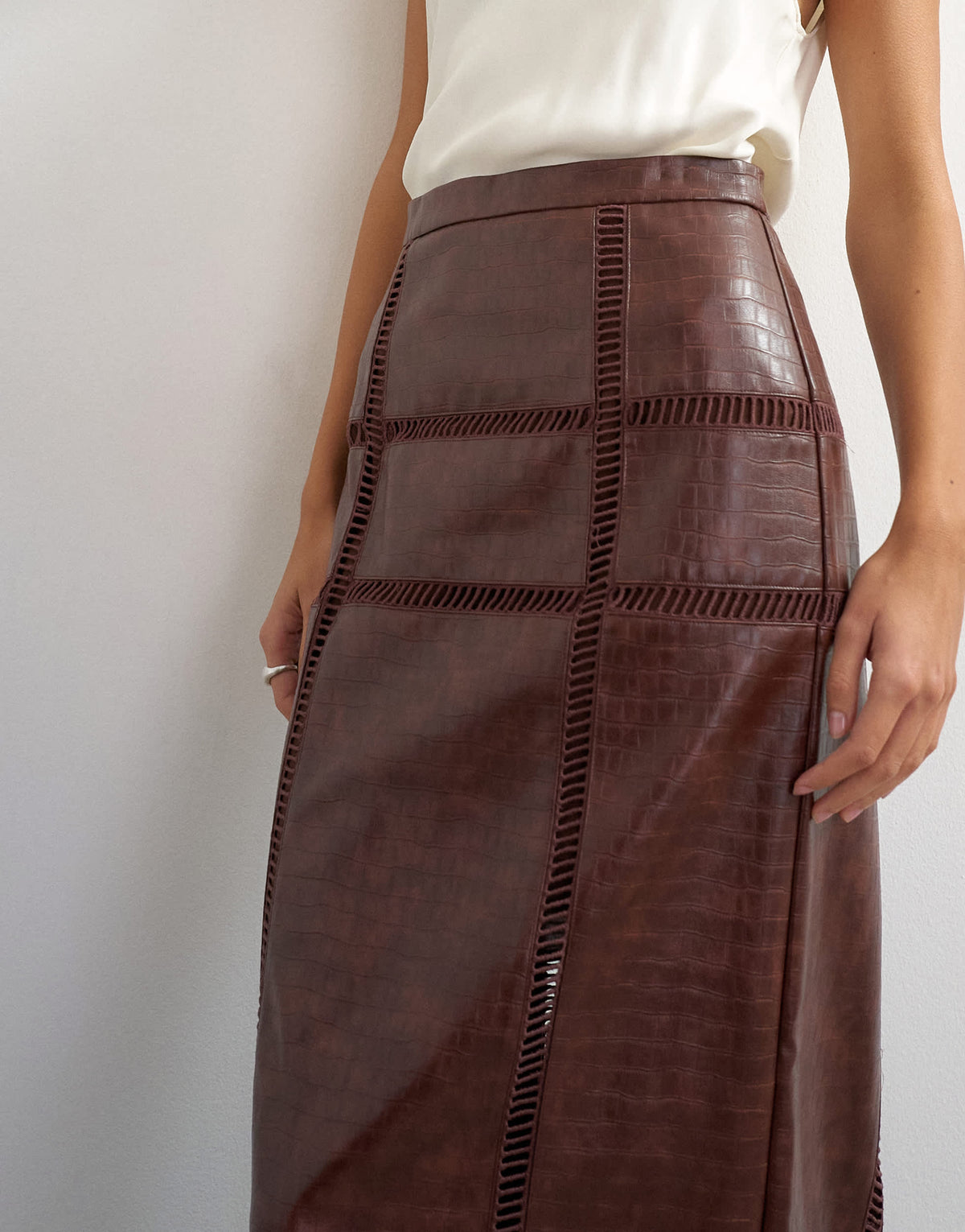 Topshop premium faux leather cutwork detail column maxi skirt in chocolate