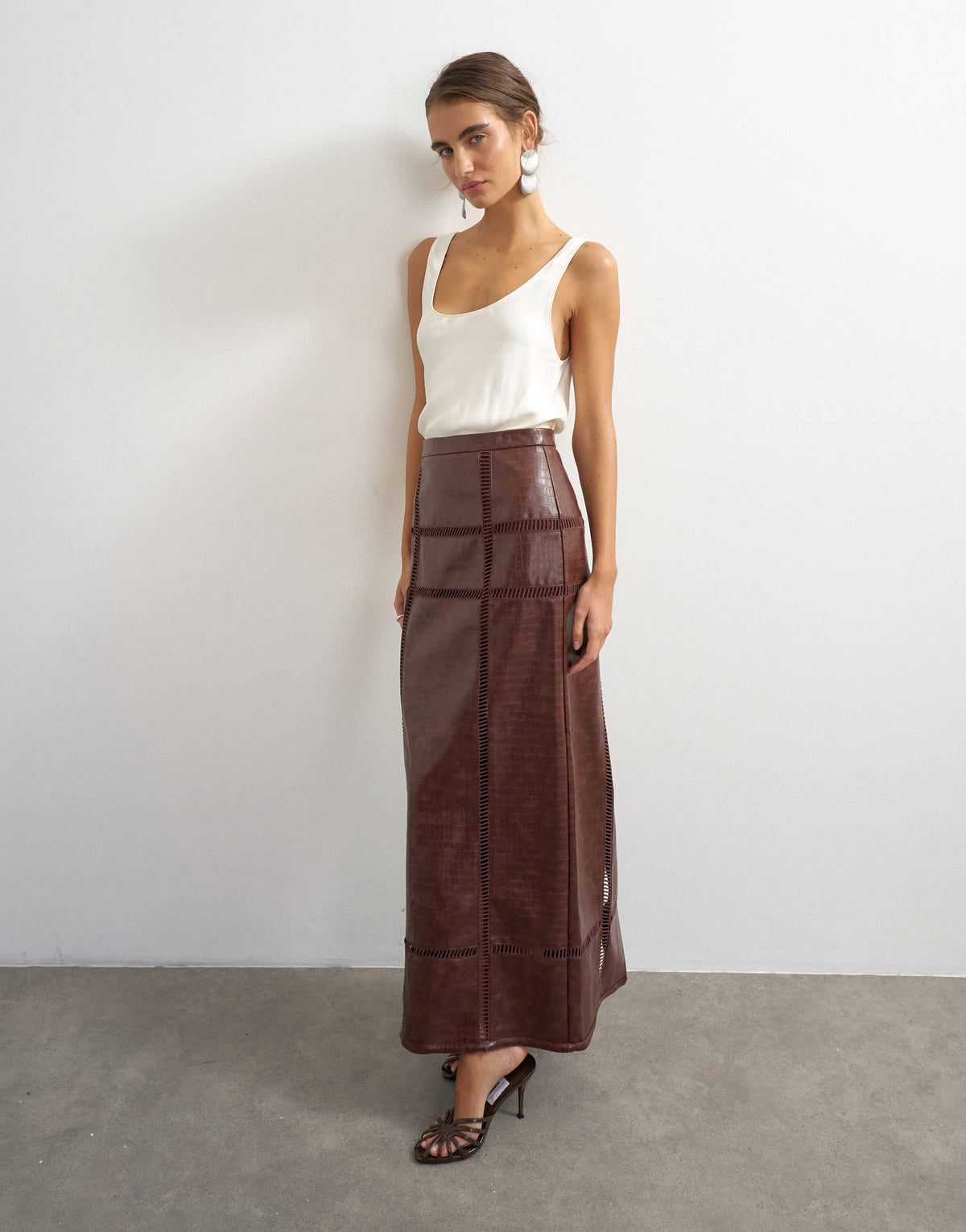 Topshop premium faux leather cutwork detail column maxi skirt in chocolate