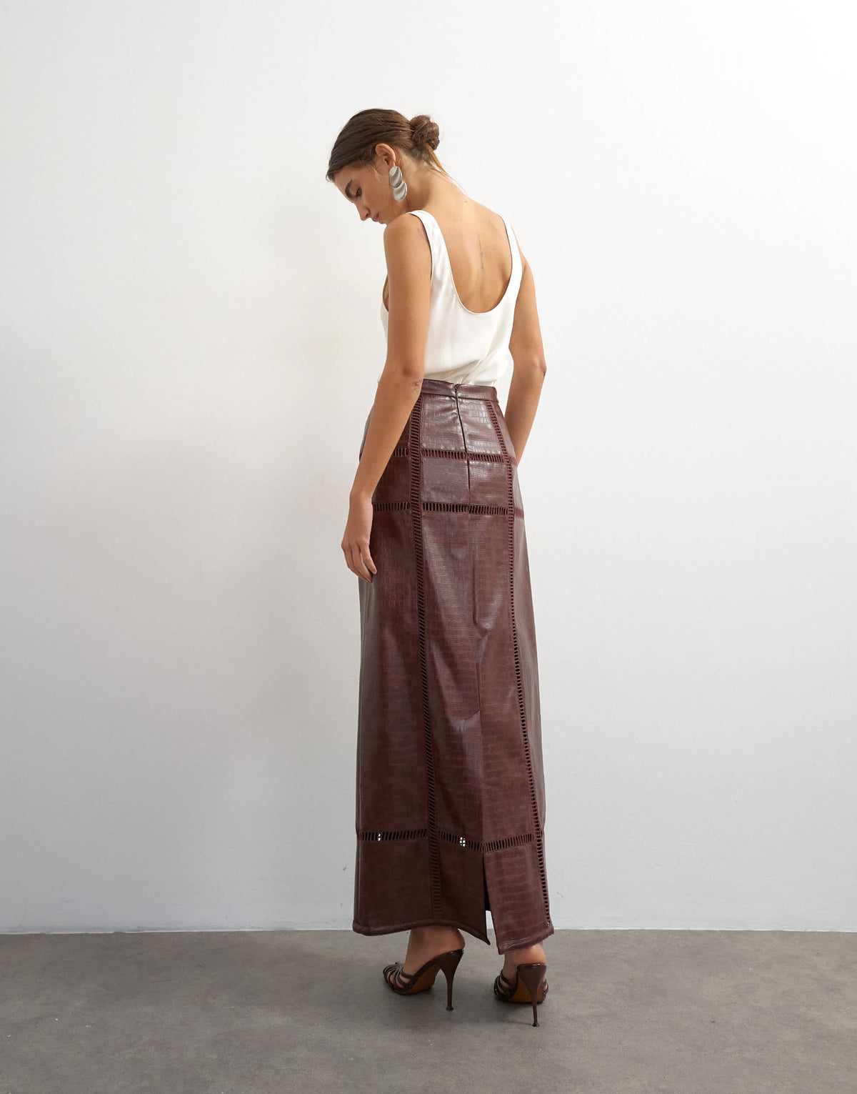 Topshop premium faux leather cutwork detail column maxi skirt in chocolate