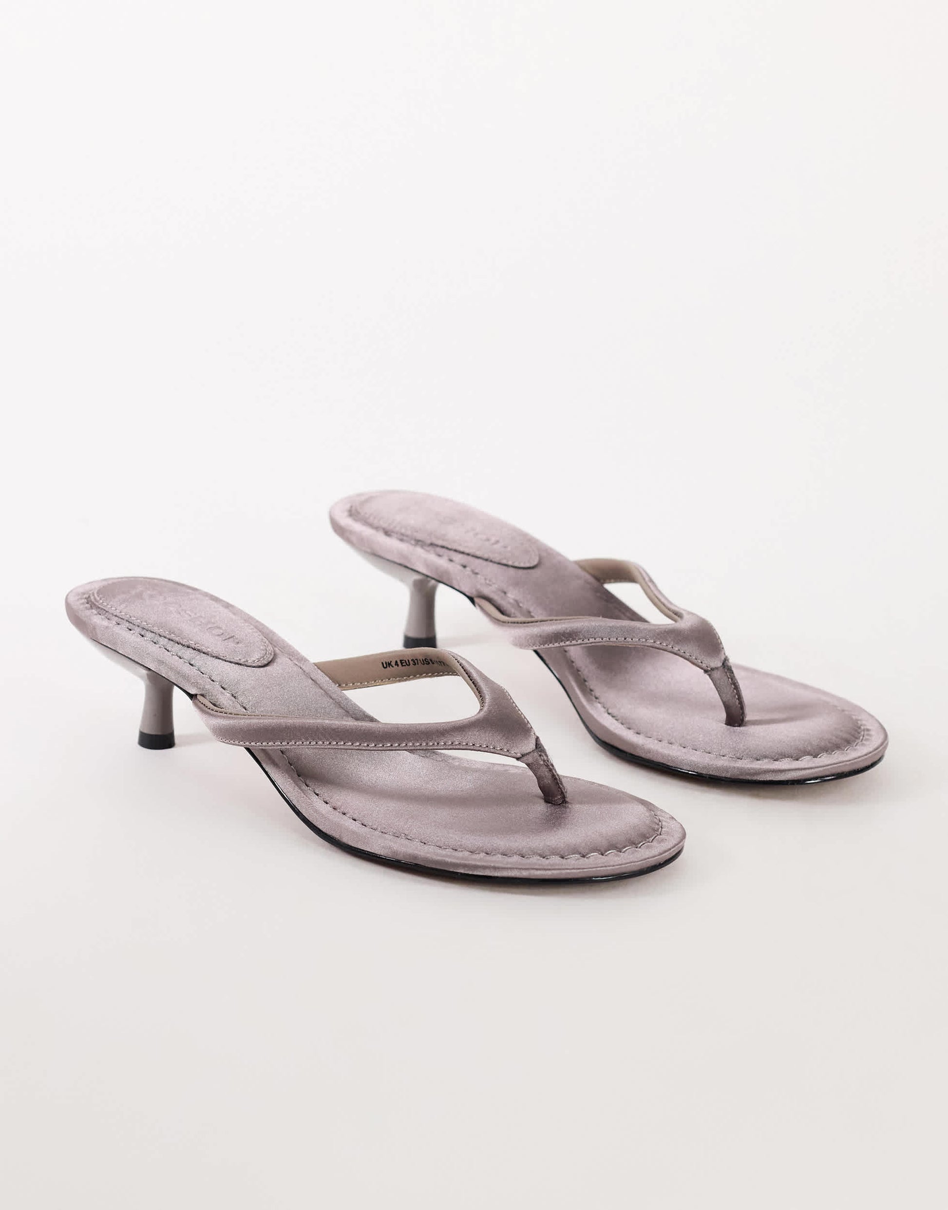 Topshop Axel toe thong mid heel sandal in grey satin