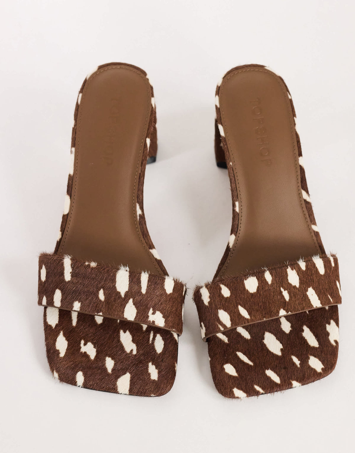 Topshop Nela mid heel mule in brown deer print hair on real leather