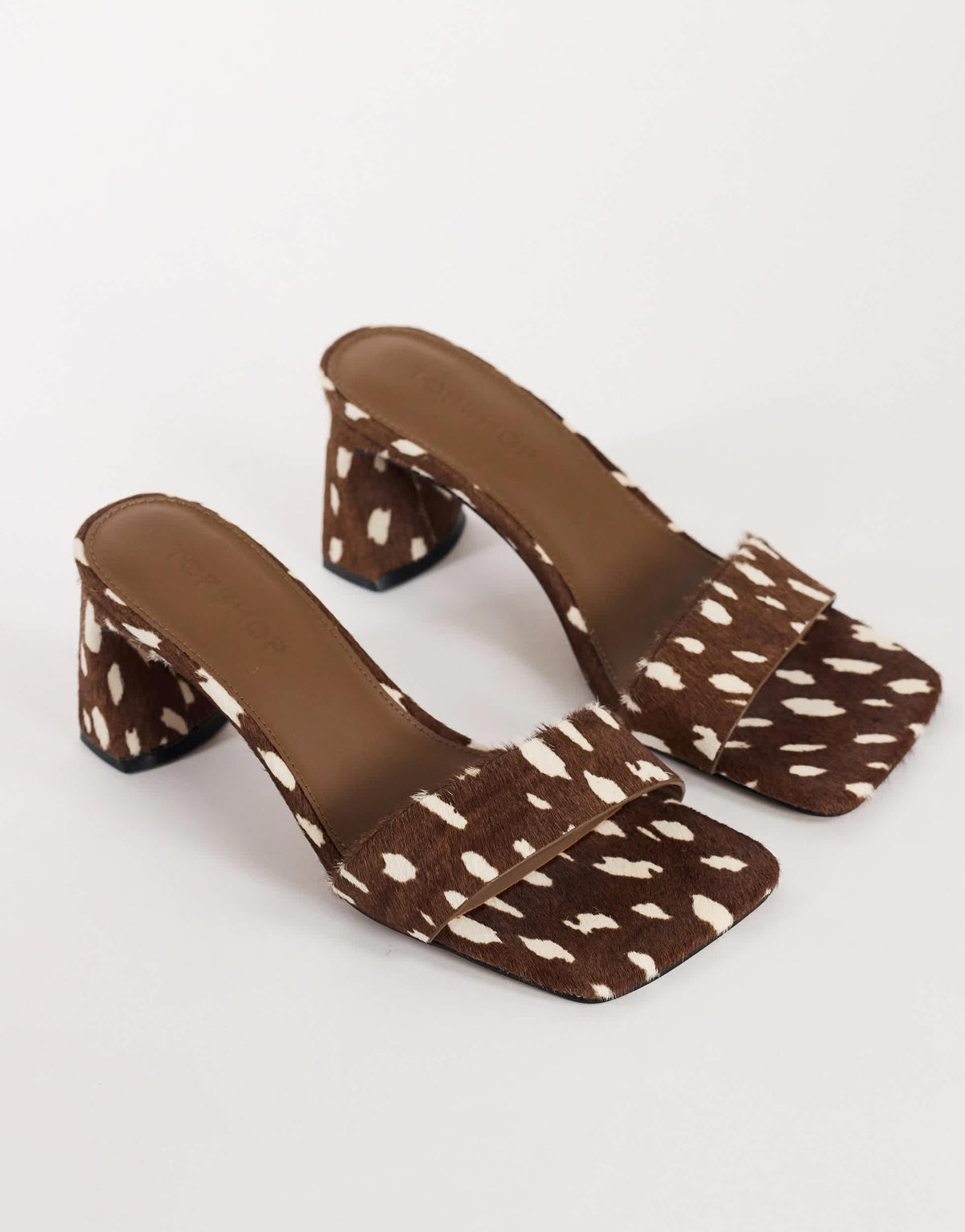 Topshop Nela mid heel mule in brown deer print hair on real leather