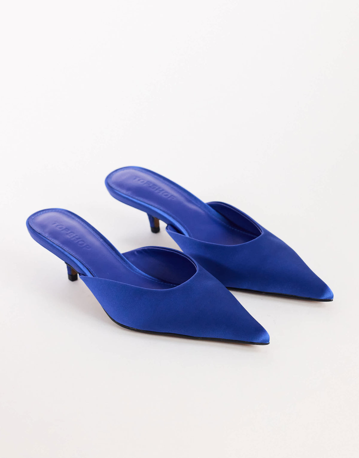 Topshop Gigi kitten heel court shoe in cobalt satin