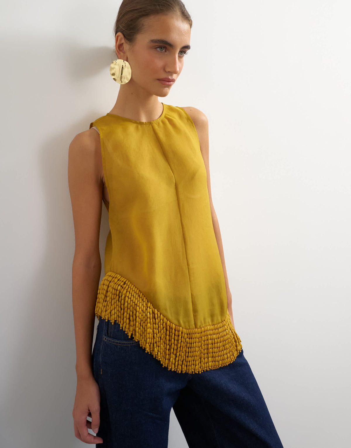 Topshop premium organza beaded hem top in mustard