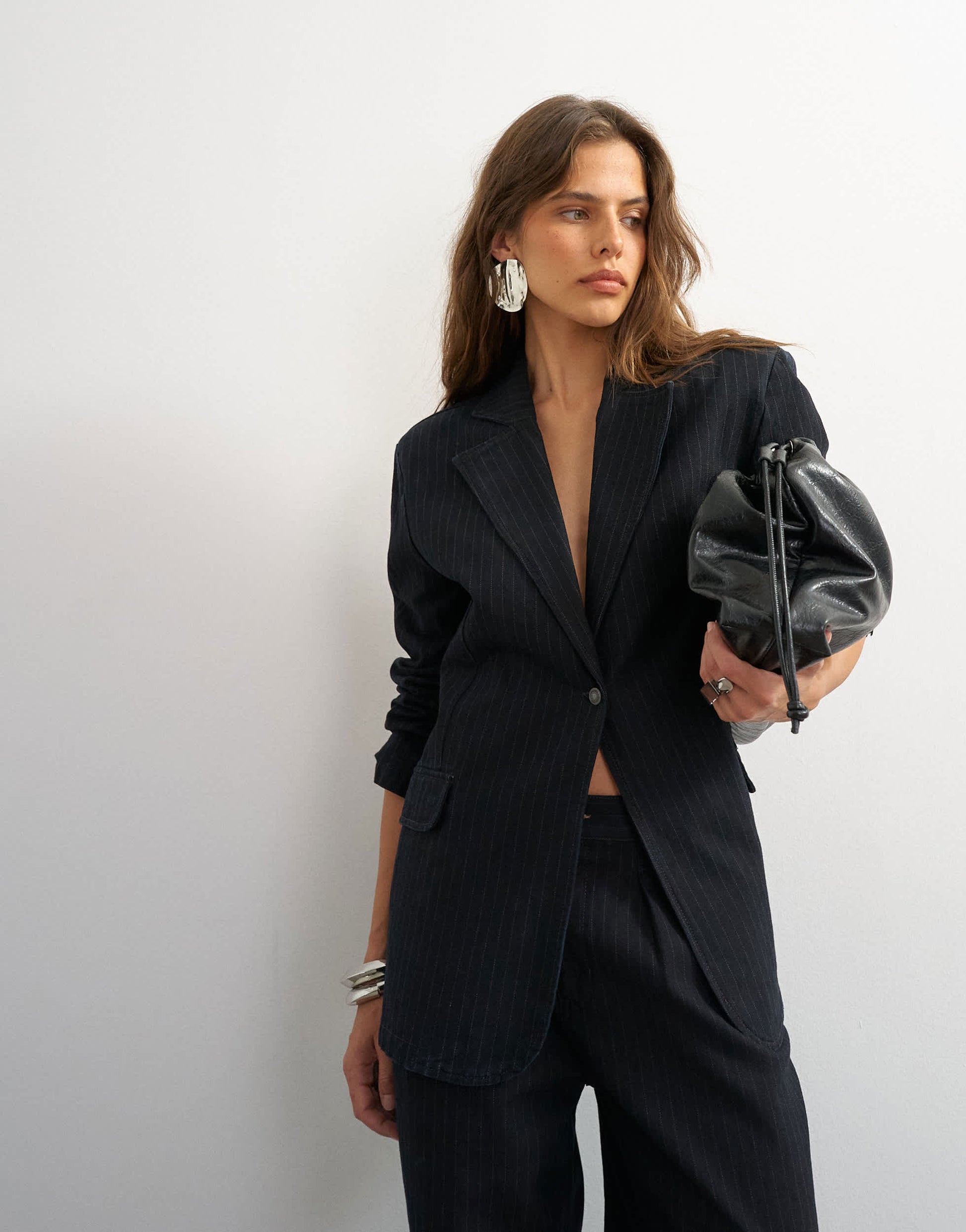 Topshop X Cara oversized pinstripe denim co-ord blazer in indigo