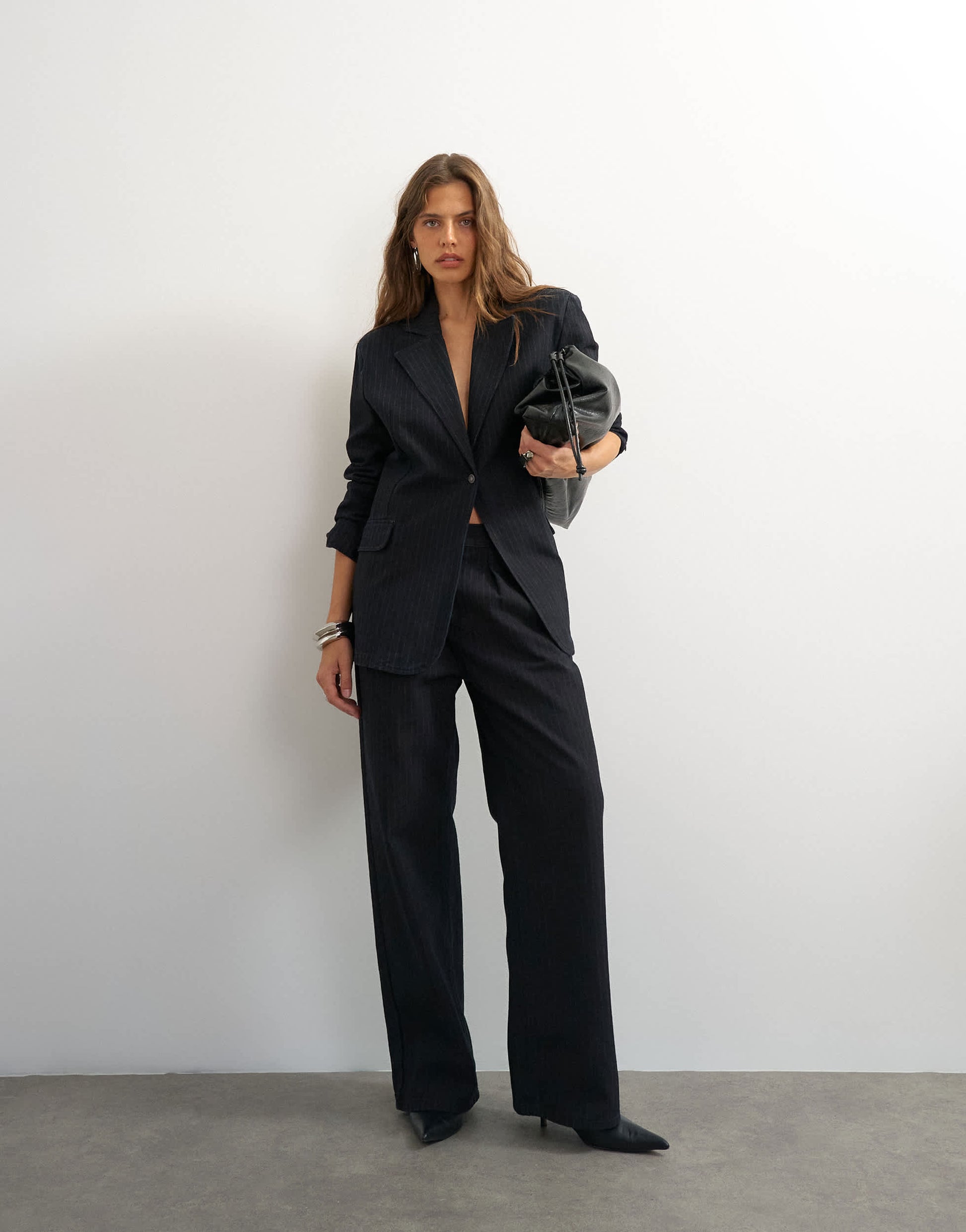 Topshop X Cara oversized pinstripe denim co-ord blazer in indigo