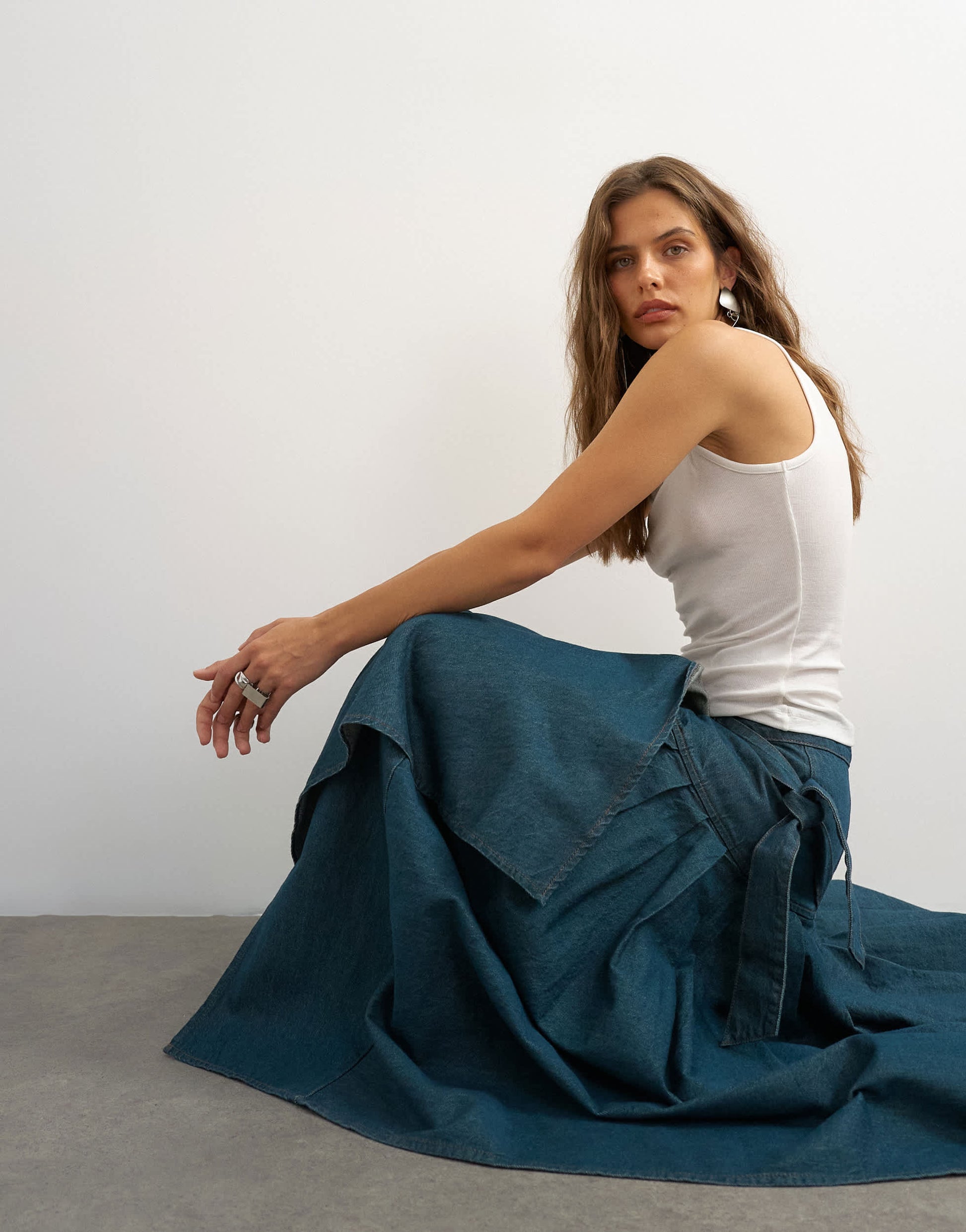 Topshop X Cara denim waterfall drape pleated skirt in green cast