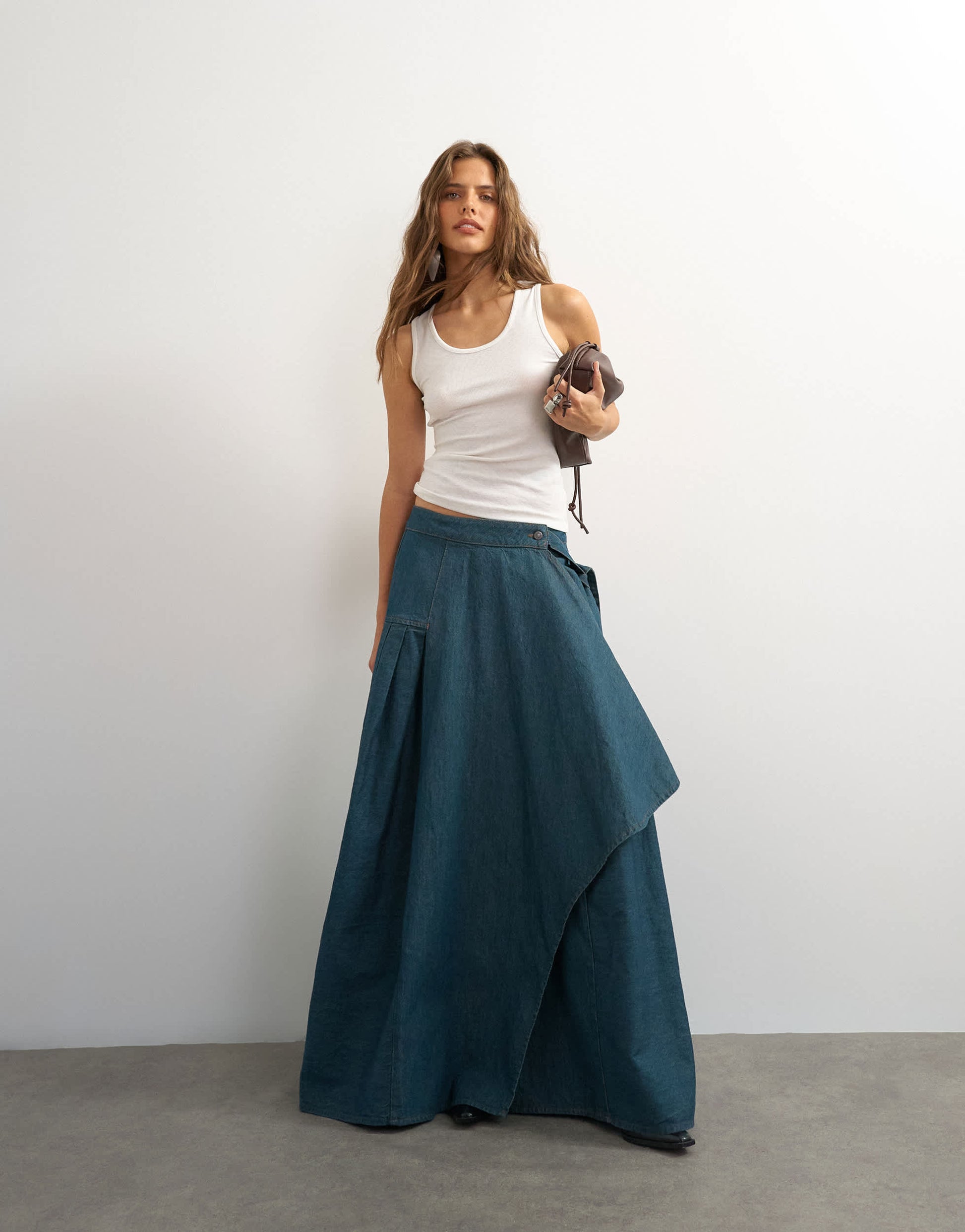Topshop X Cara denim waterfall drape pleated skirt in green cast