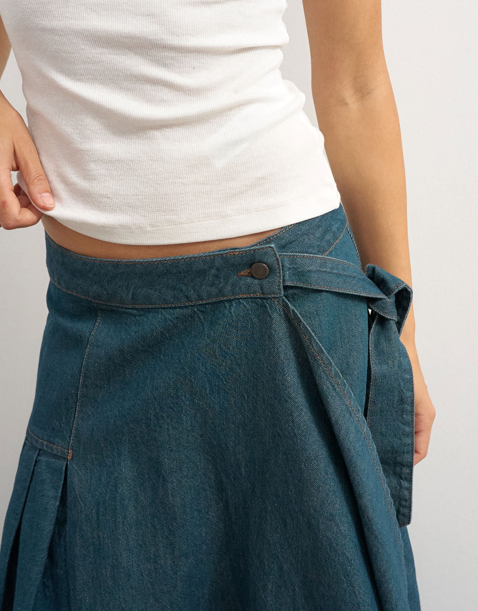 Topshop X Cara denim waterfall drape pleated skirt in green cast