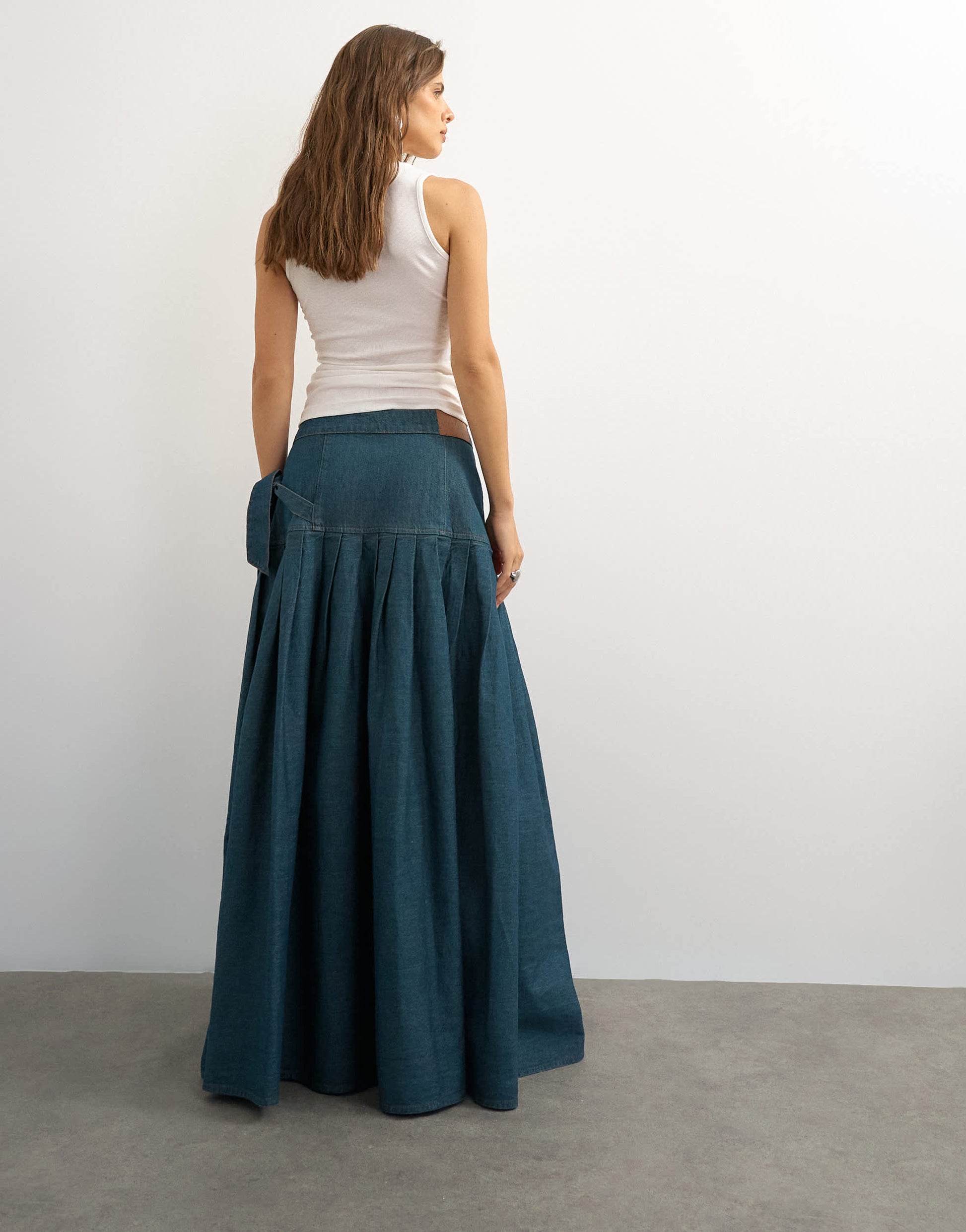 Topshop X Cara denim waterfall drape pleated skirt in green cast