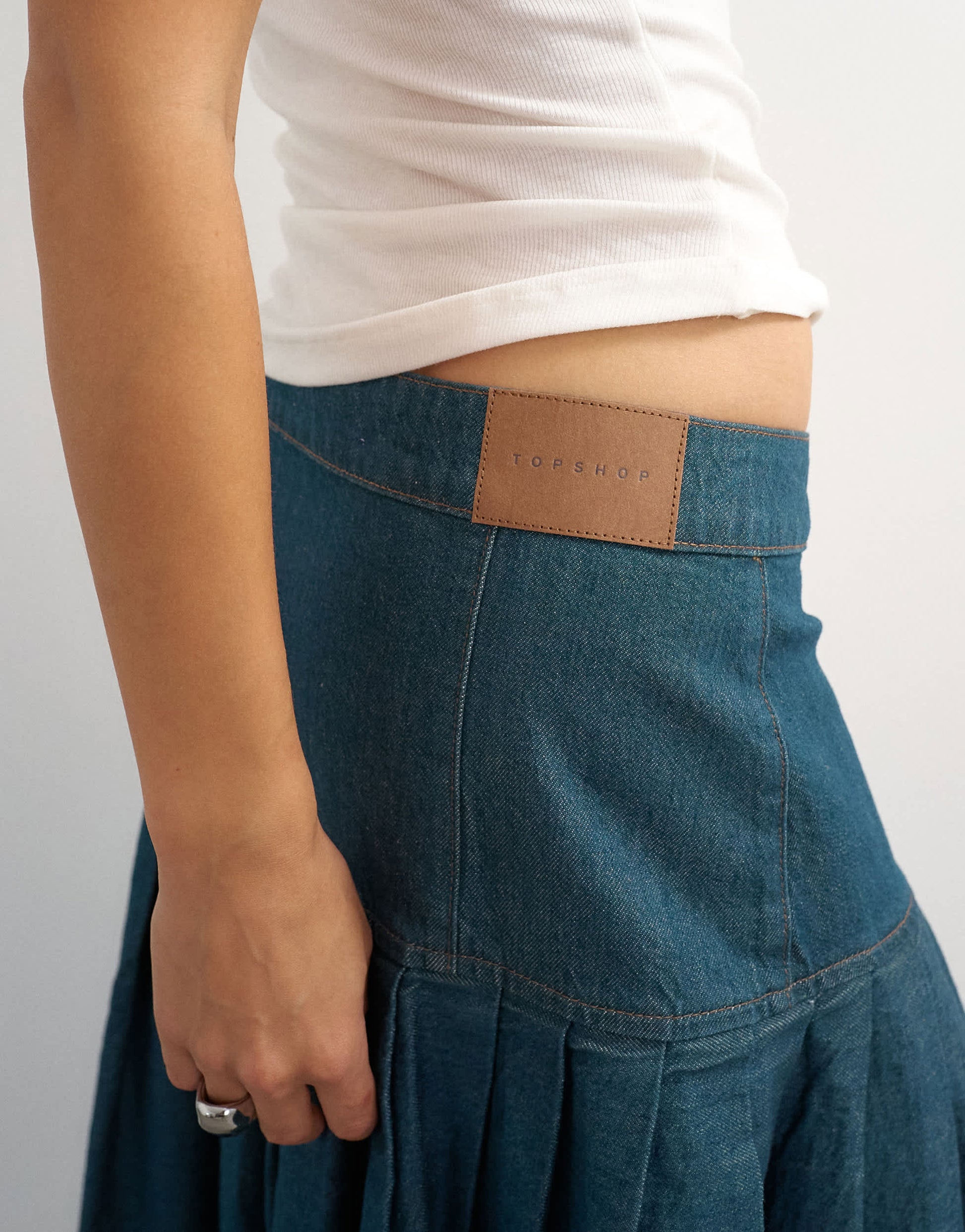 Topshop X Cara denim waterfall drape pleated skirt in green cast