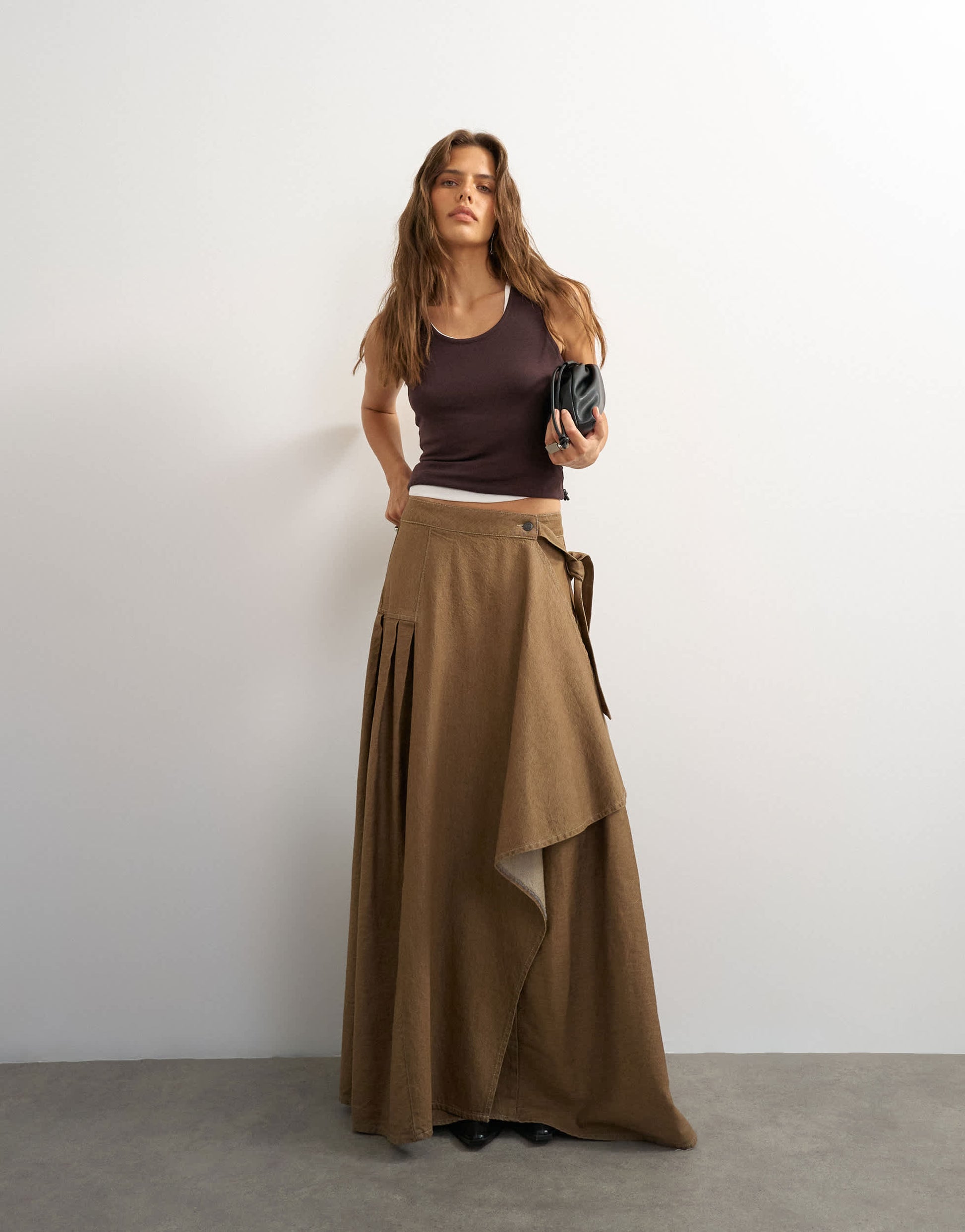 Topshop X Cara denim waterfall drape pleated skirt in camel