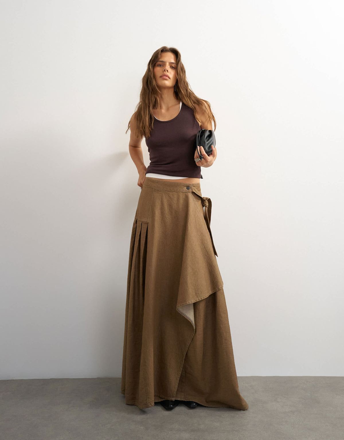 Topshop X Cara denim waterfall drape pleated skirt in camel
