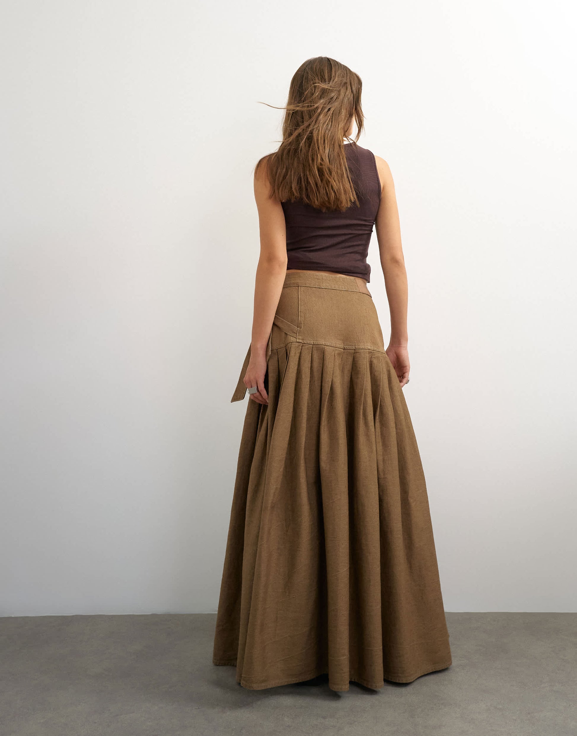 Topshop X Cara denim waterfall drape pleated skirt in camel