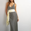 Topshop satin dropped waist maxi dress with contrast tie belt in mono geometric print