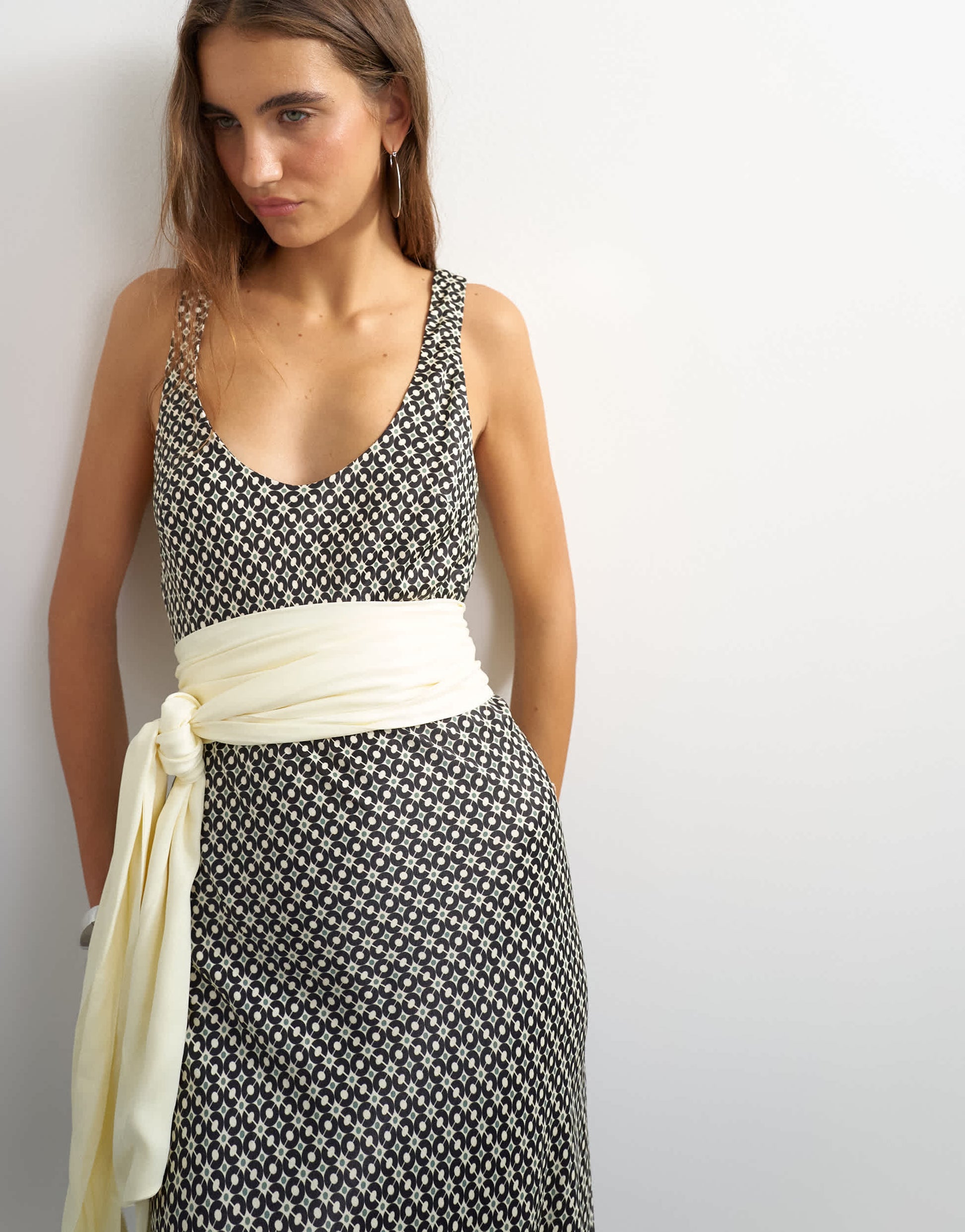Topshop satin dropped waist maxi dress with contrast tie belt in mono geometric print